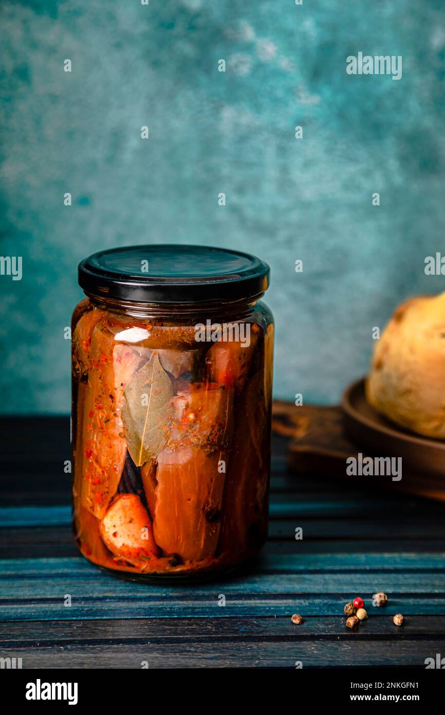 Homemade pickled eggplant preserved in glass jar Stock Photo Alamy