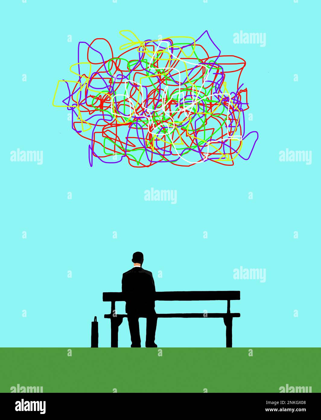 Illustration of businessman sitting under tangled lines representing confusion and anxiety Stock Photo