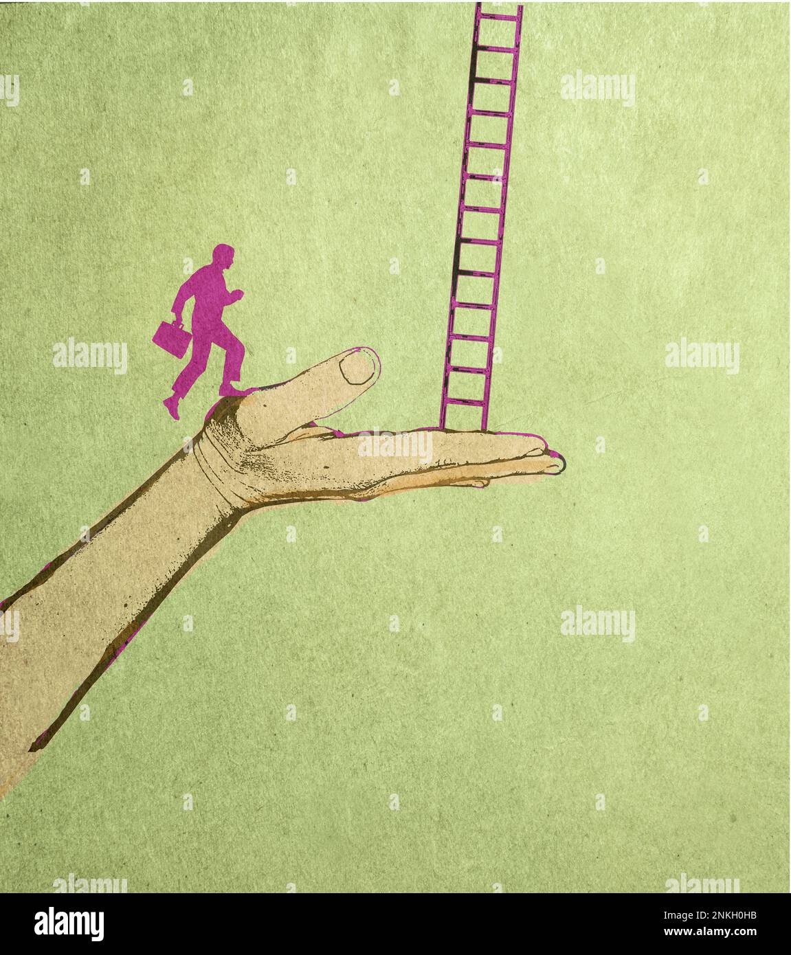 Hand On Ladder Illustration of businessman running along giant hand supporting ladder ...