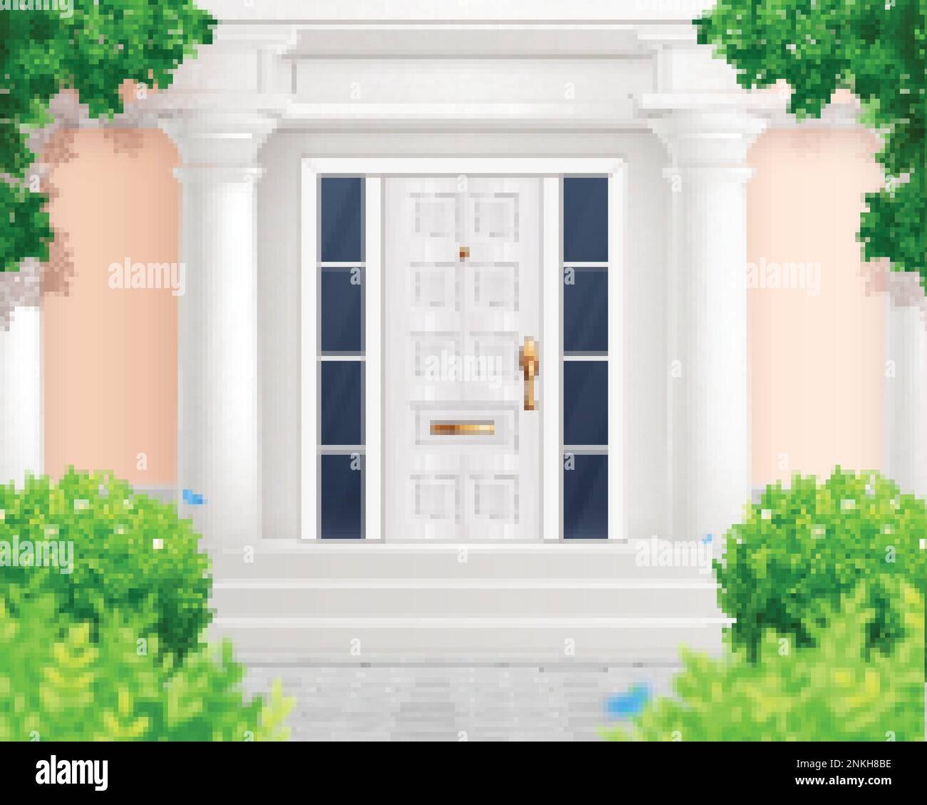 Traditional house composition with outdoor scenery and front view of home entrance surrounded by green bushes vector illustration Stock Vector