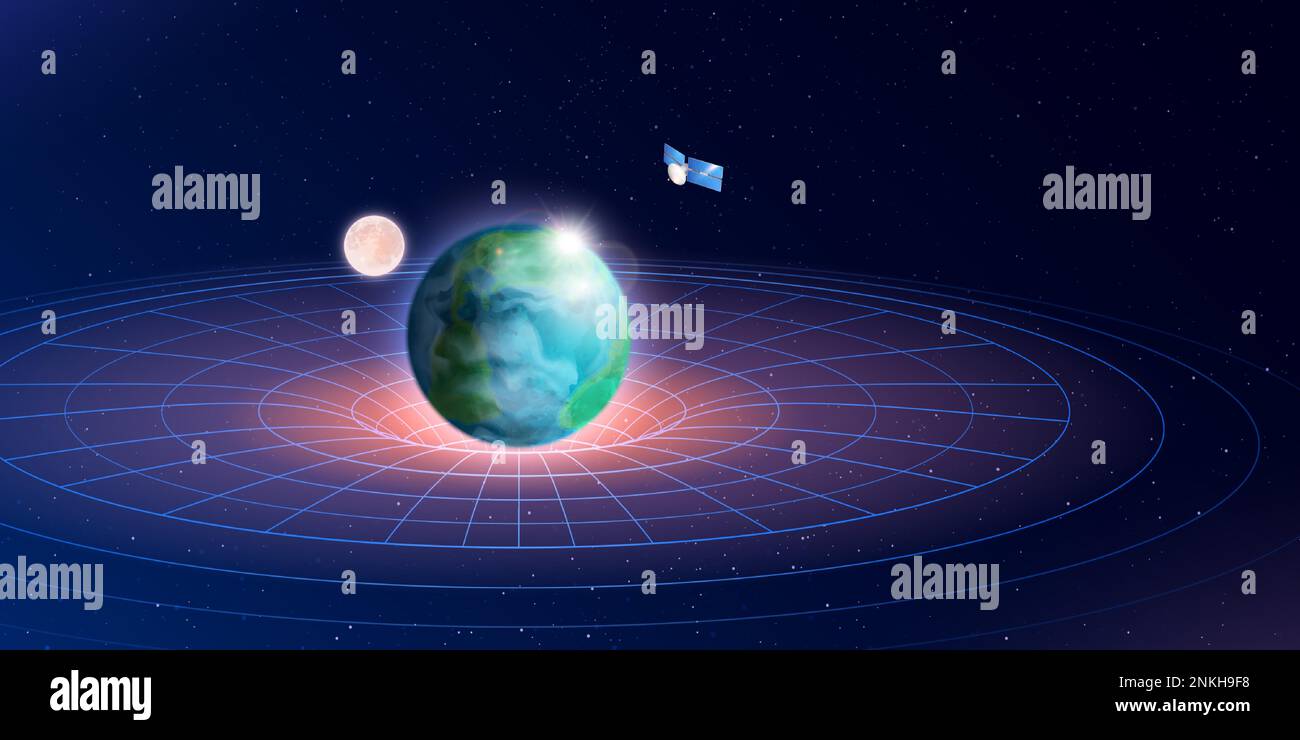 3d shapes composition with set of stars planets and radial grid showing gravity dynamics of earth vector illustration Stock Vector