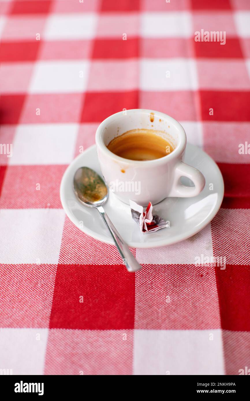Empty coffee cup lying on red checked tablecloth Stock Photo