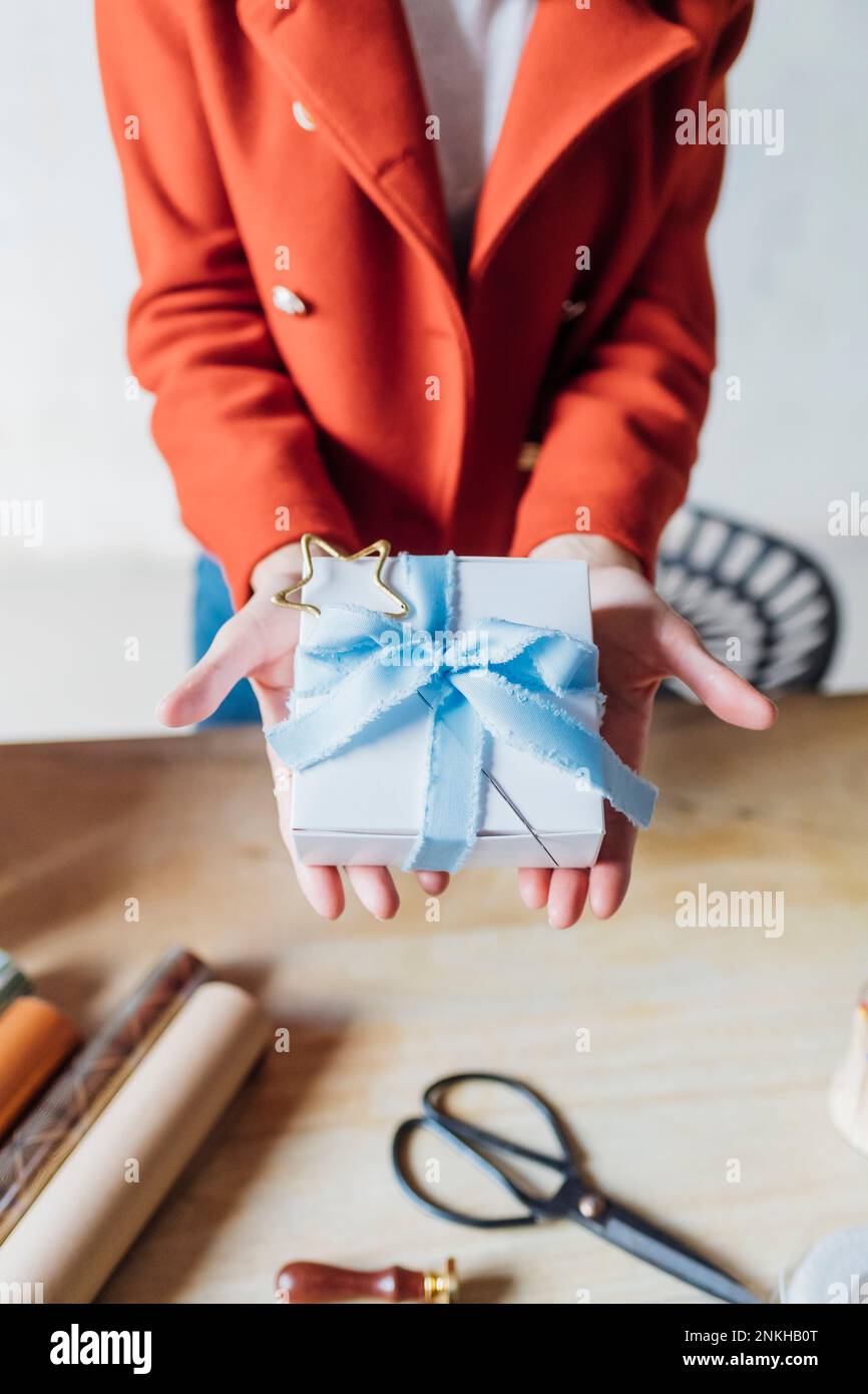 Hands of woman holding gift box Stock Photo