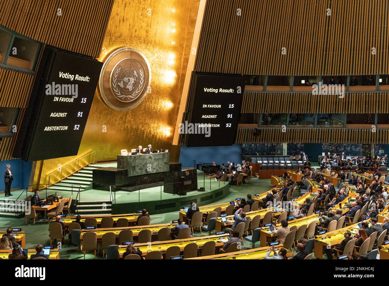 Results on vote on 2nd amendment during 11th Emergency Special Session of the General Assembly 2nd day at UN Headquarters in New York on February 23, 2023 Stock Photo