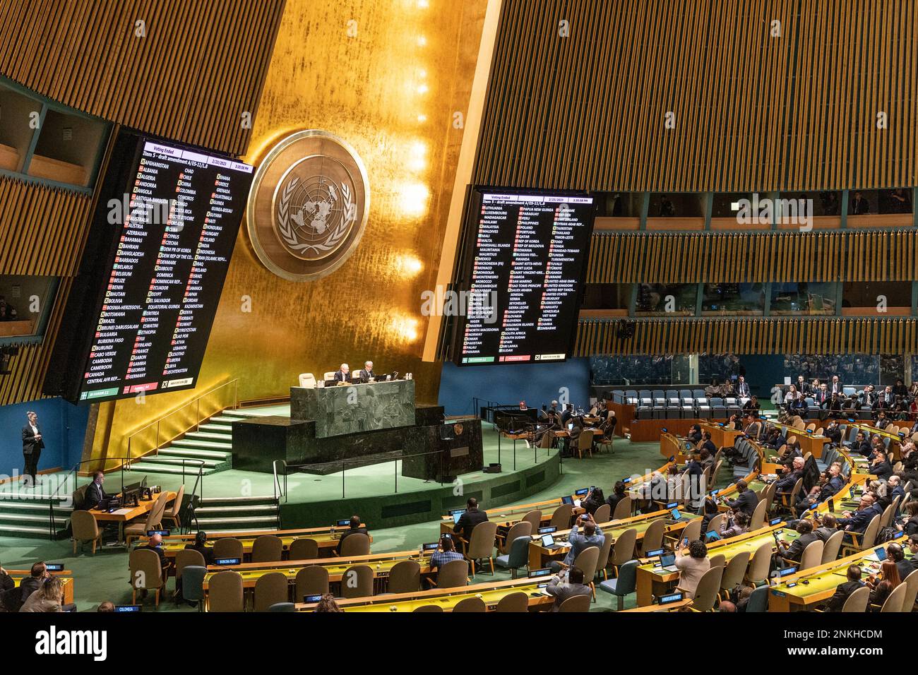 Results on vote on 1st amendment during 11th Emergency Special Session of the General Assembly 2nd day at UN Headquarters in New York on February 23, 2023 Stock Photo