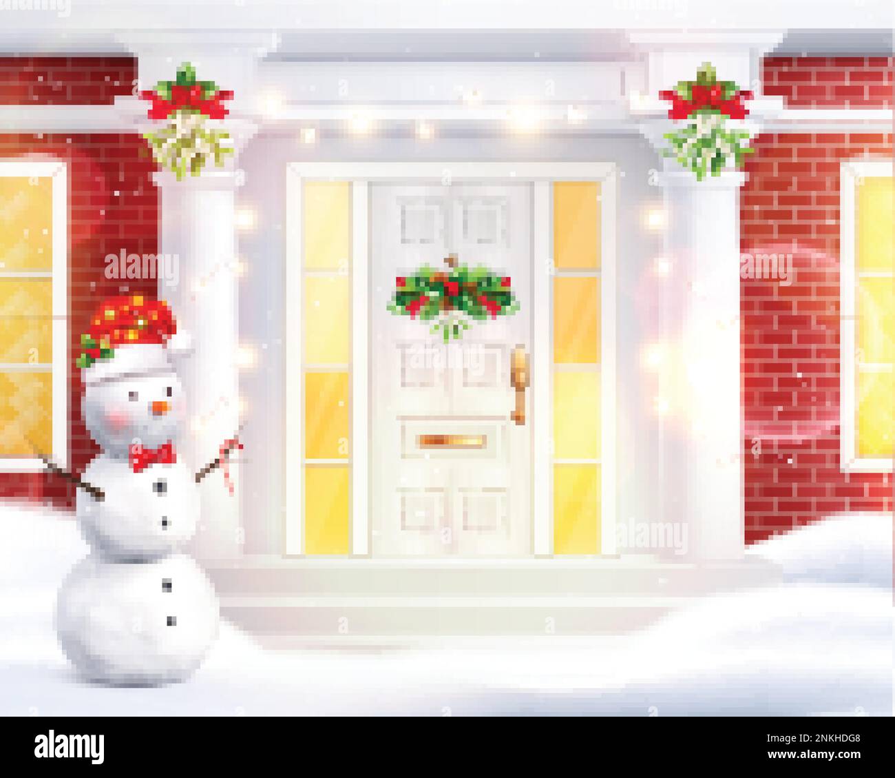 Traditional house composition with front view of snowy home entrance with festive christmas decorations and snowman vector illustration Stock Vector