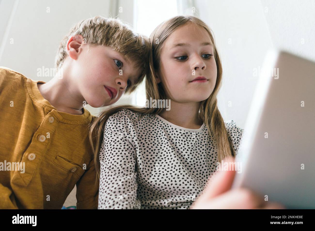 Brother and sister using tablet PC at home Stock Photo