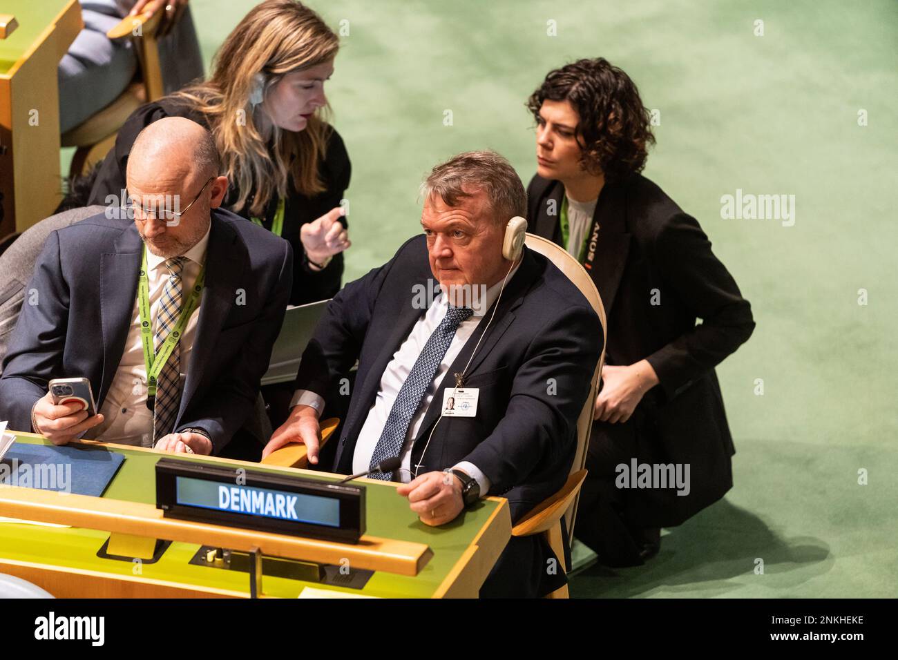 Denmark delegation and Lars Lokke Rasmussen (R) attend 11th Emergency Special Session of the General Assembly 2nd day at UN Headquarters in New York on February 23, 2023 Stock Photo