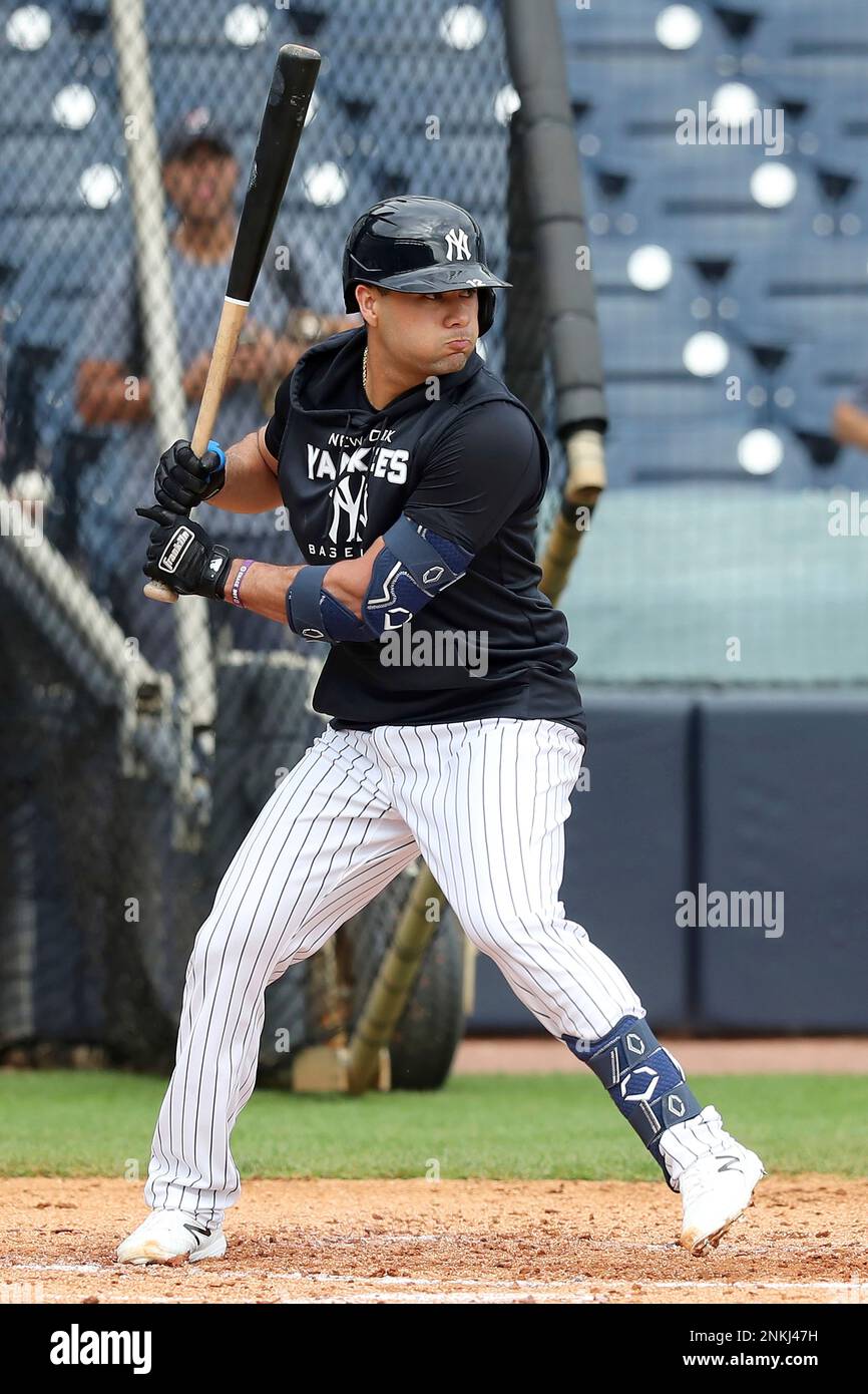 TAMPA, FL - MARCH 16: New York Yankees infielder Isiah Kiner-Falefa (12) at  bat during the Yankees spring training workout on March 16, 2022, at  Steinbrenner Field in Tampa, FL. (Photo by