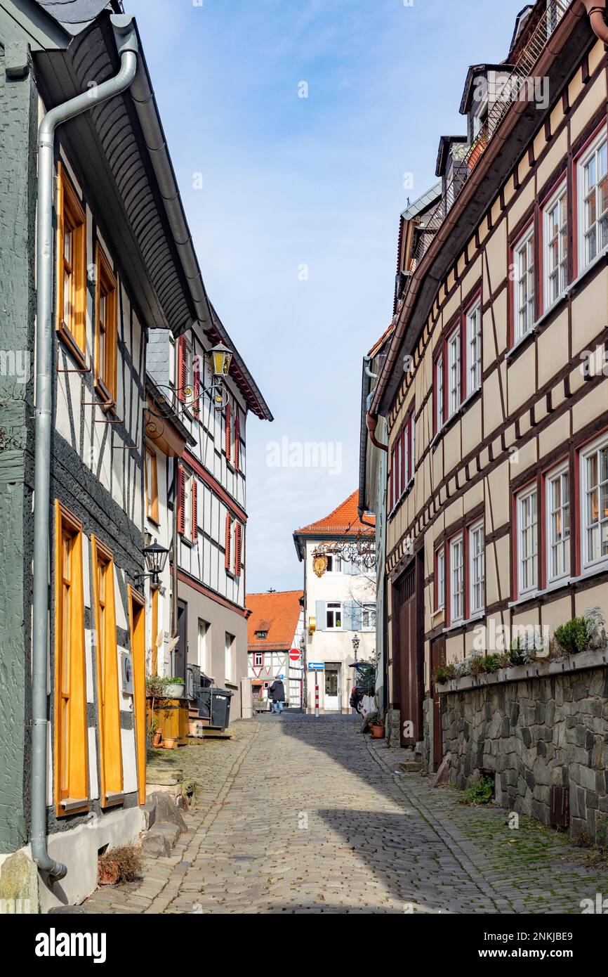 facade of medieval houses in the town of Kronberg, Germany Stock Photo
