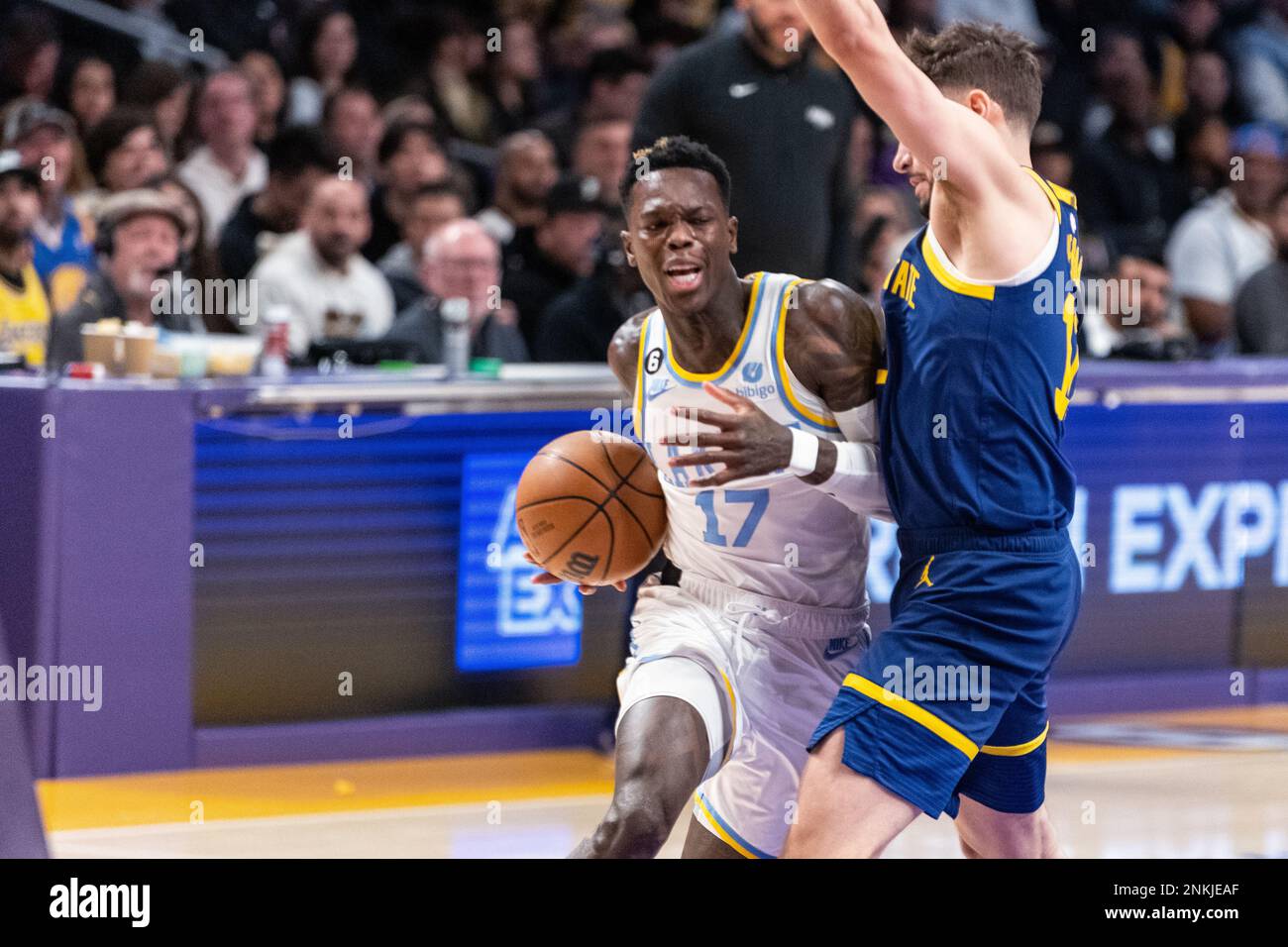 Los Angeles, USA. 23rd Feb, 2023. Basketball: NBA, main round, Los Angeles Lakers - Golden State Warriors. Lakers pro Dennis Schröder (l) in action. Credit: Maximilian Haupt/dpa/Alamy Live News Stock Photo