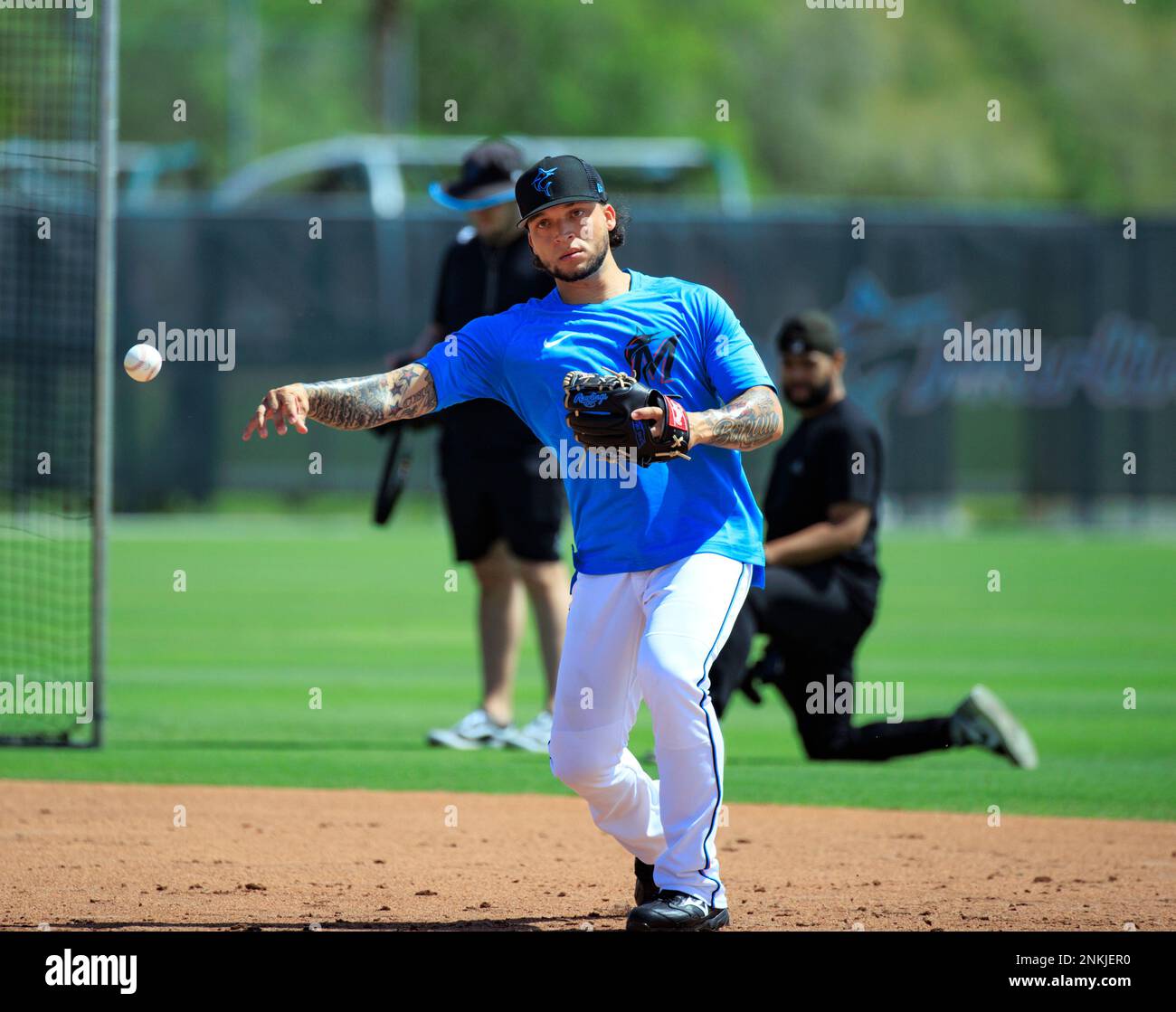 Miami Marlins infielder Isan Diaz runs drills during the team's first  full-squad spring training baseball workout Monday, March 14, 2022, in  Jupiter, Fla. (David Santiago/Miami Herald via AP Stock Photo - Alamy