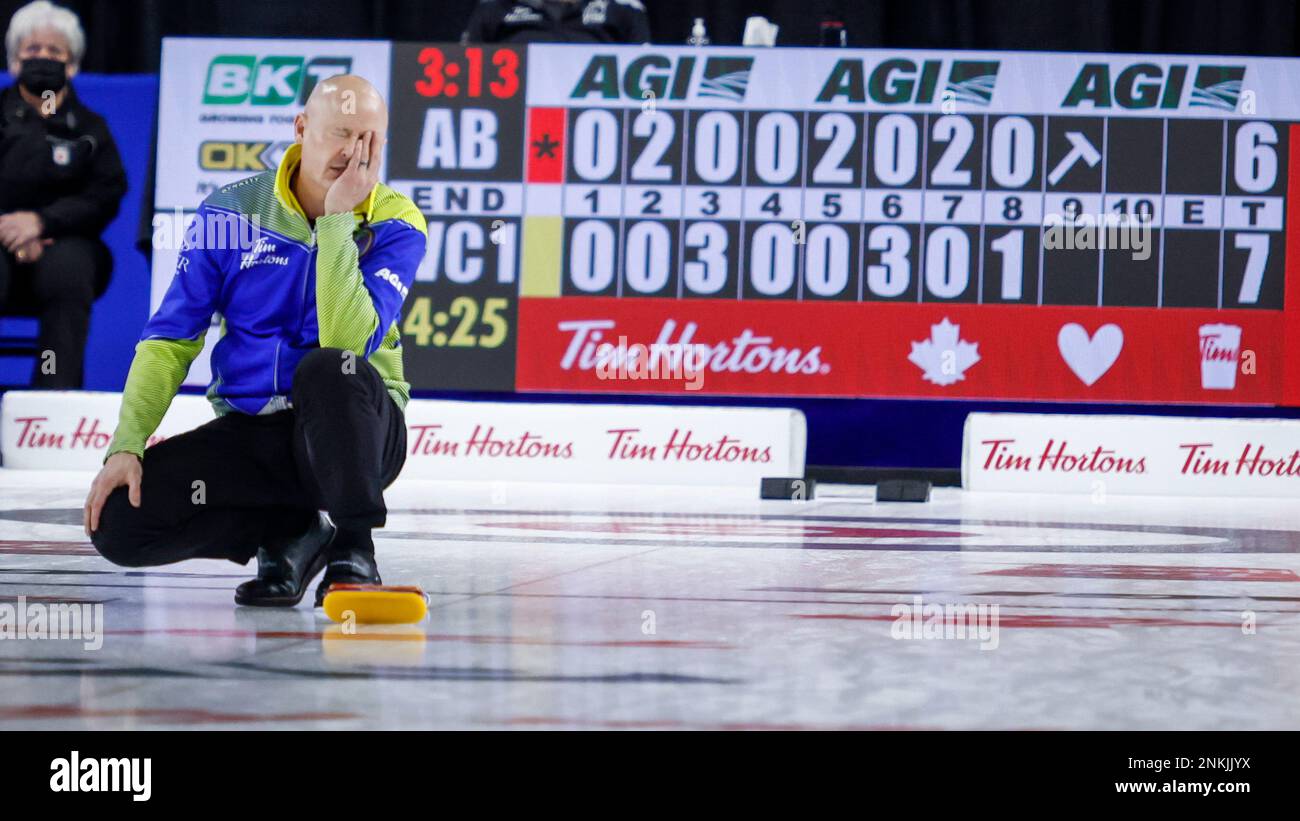 Team Alberta skip Kevin Koe reacts to a missed shot during finals action against Team Wild Card One at the Tim Hortons Brier curling event in Lethbridge, Alberta, Sunday, March 13, 2022