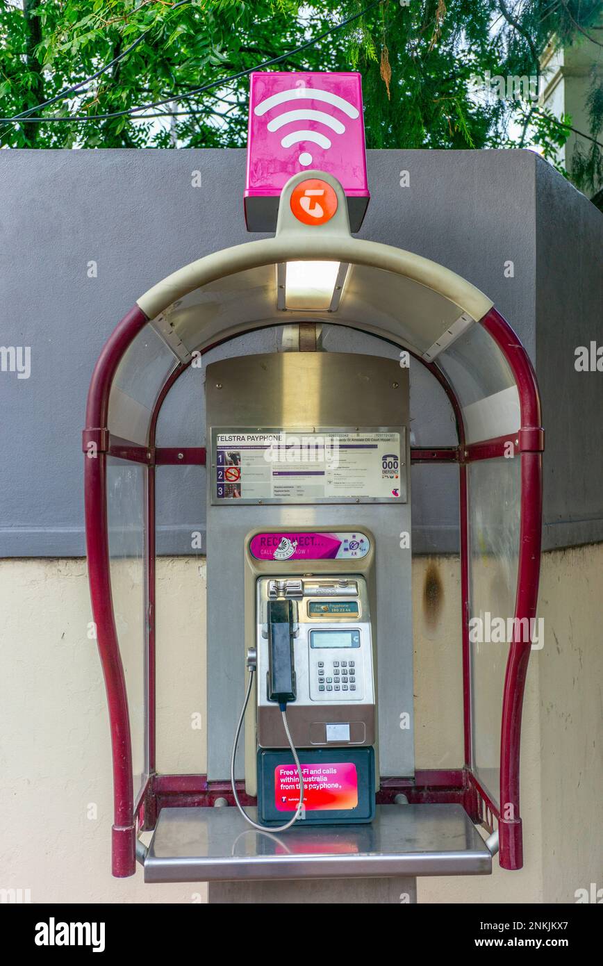 Telstra phone booth and smart payphone, now free to use, in Armidale in