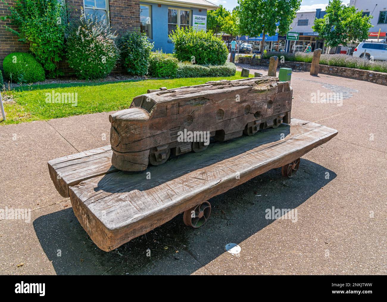 This seat, representing a train was made from blue gum during the Street Furniture Project