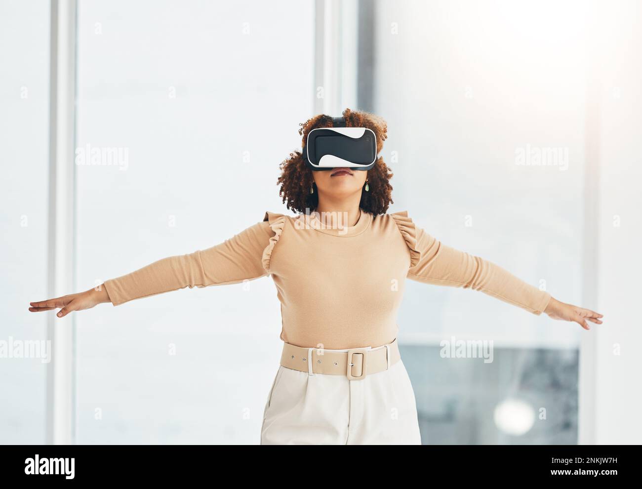 Virtual Reality Futuristic Goggles And Black Woman With Arms Raised Virtual reality futuristic goggles and black woman with arms raised