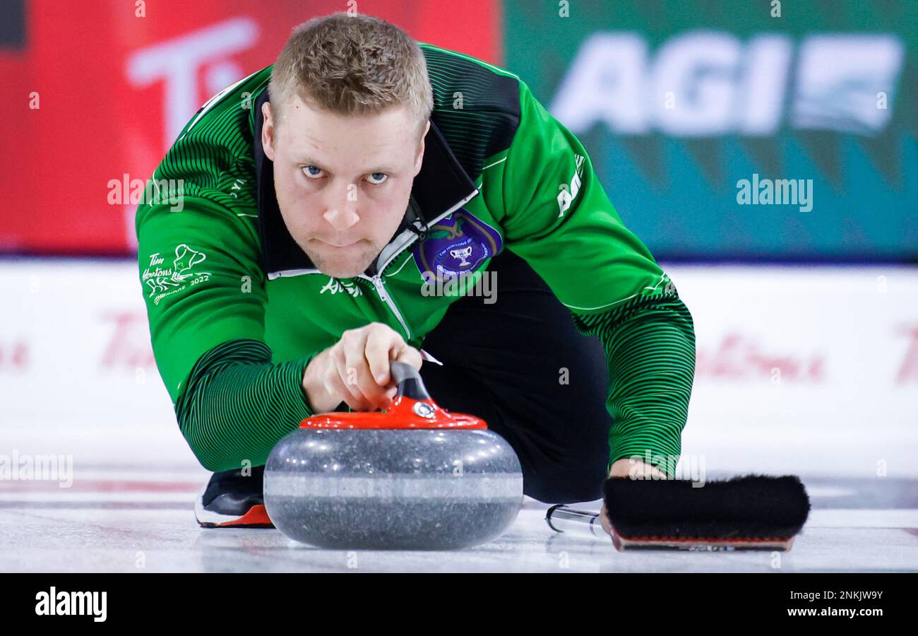 Team Saskatchewan skip Colton Flasch makes a shot while playing against Team Wild Card One during semifinal action at the Tim Hortons Brier curling event in Lethbridge, Alberta, Saturday, March 12, 2022