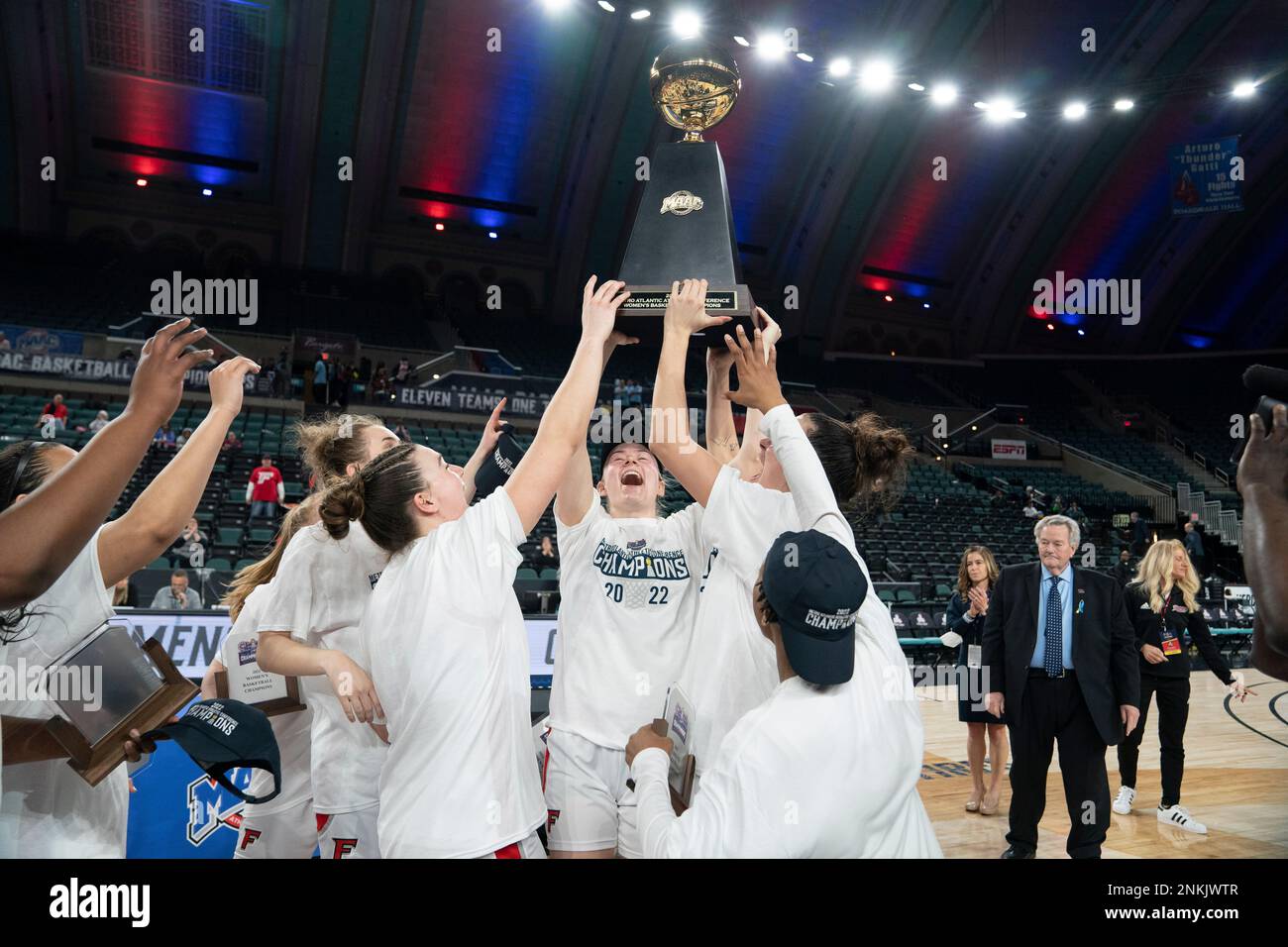 ATLANTIC CITY, NJ MARCH 12 The Fairfield Stags hold up the MAAC