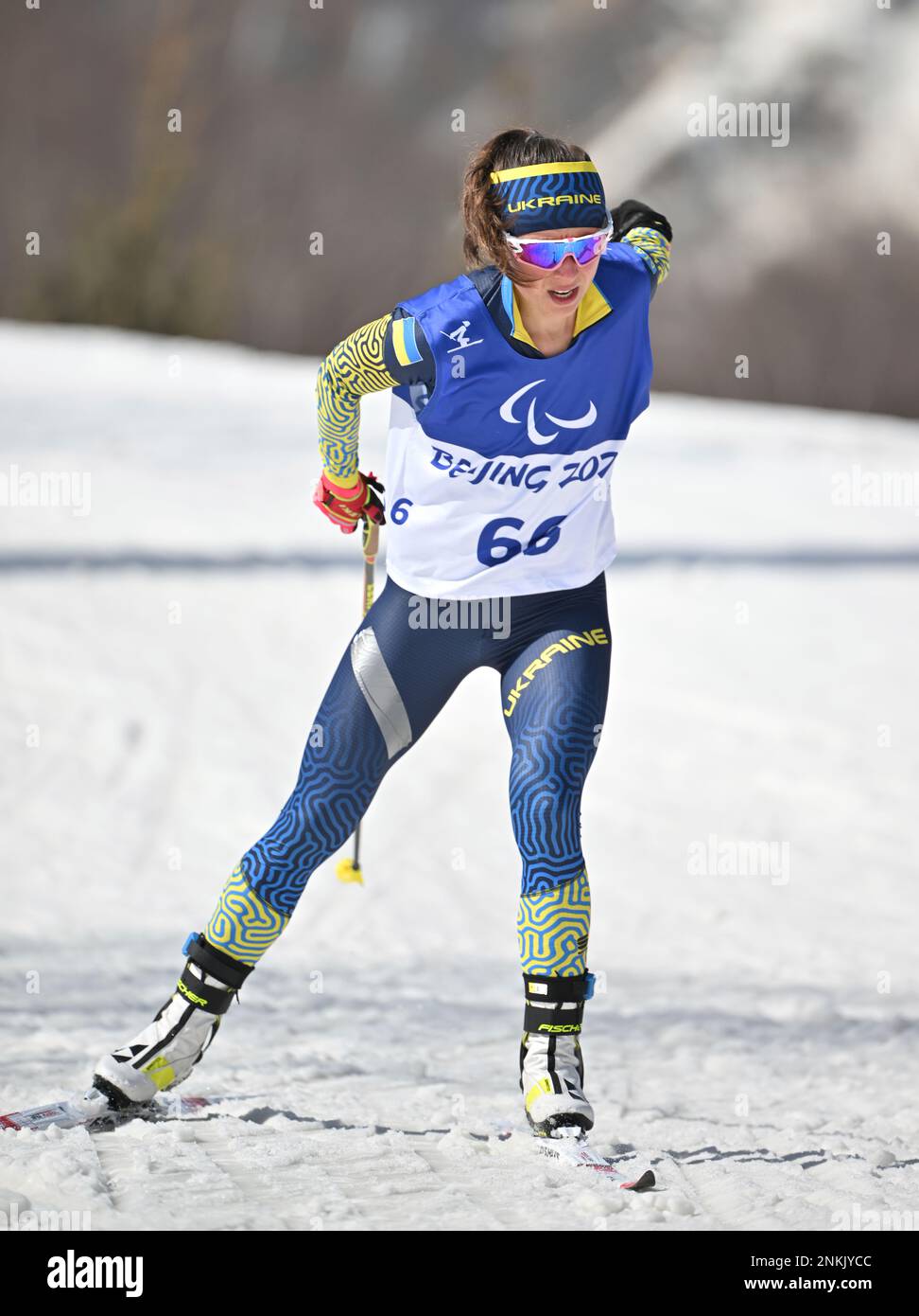 Ukraines BUI Iryna competes during the Womens Middle Distance Free Technique Standing at Zhangjiakou National Biathlon Center in Zhangjiakou, China on March 12, 2022