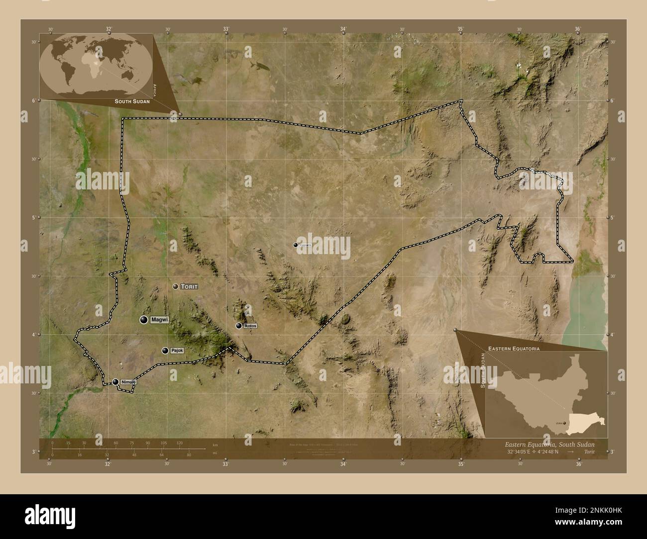 Eastern Equatoria, state of South Sudan. Low resolution satellite map. Locations and names of major cities of the region. Corner auxiliary location ma Stock Photo