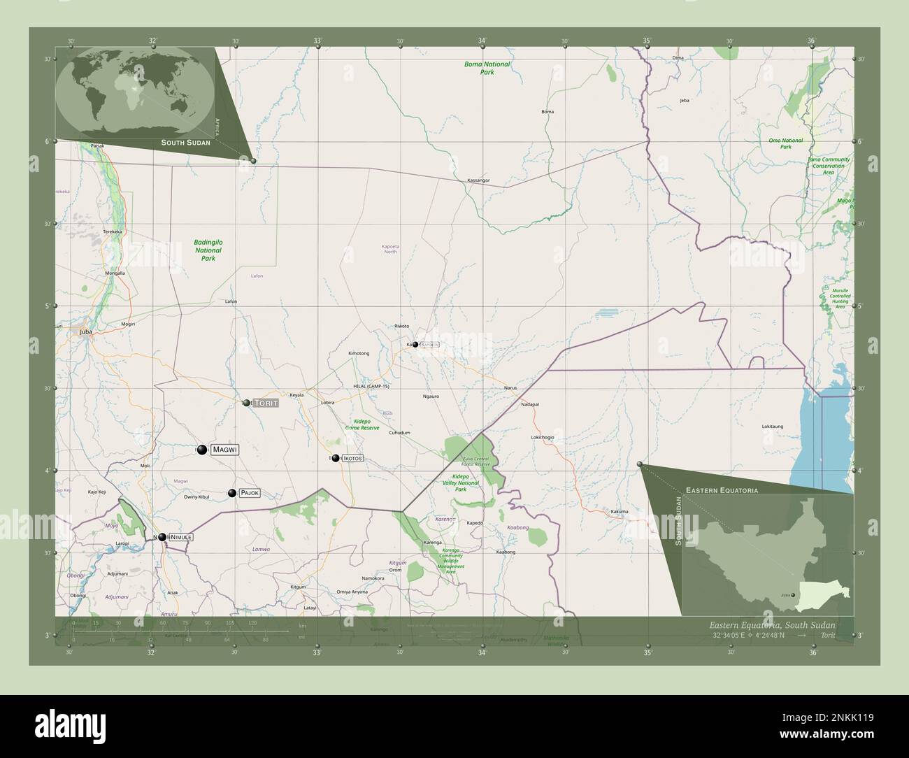 Eastern Equatoria, state of South Sudan. Open Street Map. Locations and names of major cities of the region. Corner auxiliary location maps Stock Photo