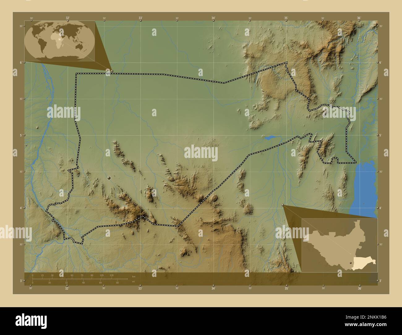Eastern Equatoria, state of South Sudan. Colored elevation map with