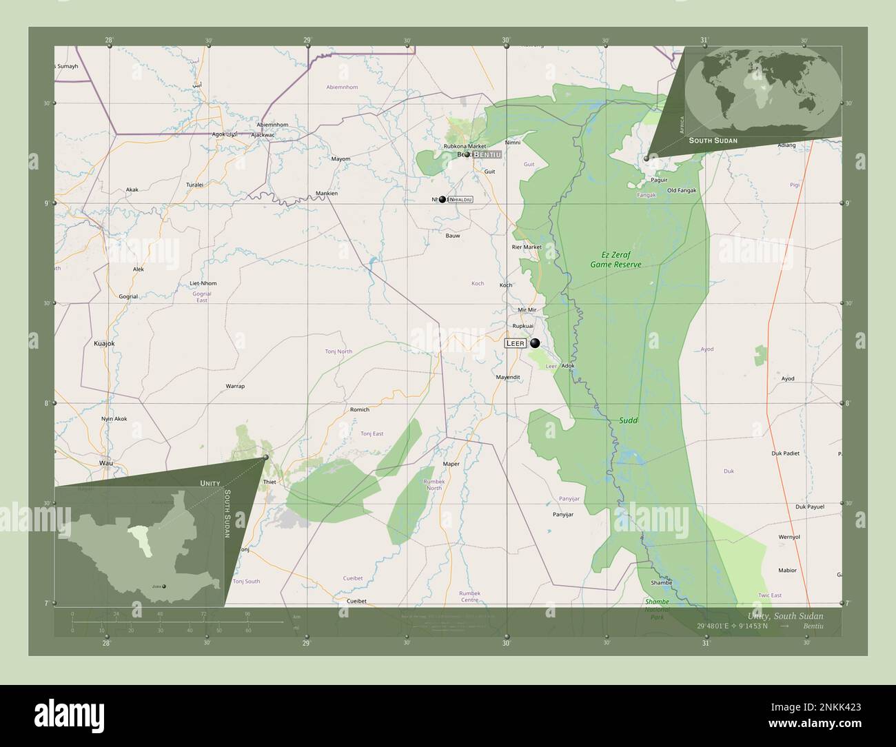 Unity, state of South Sudan. Open Street Map. Locations and names of ...