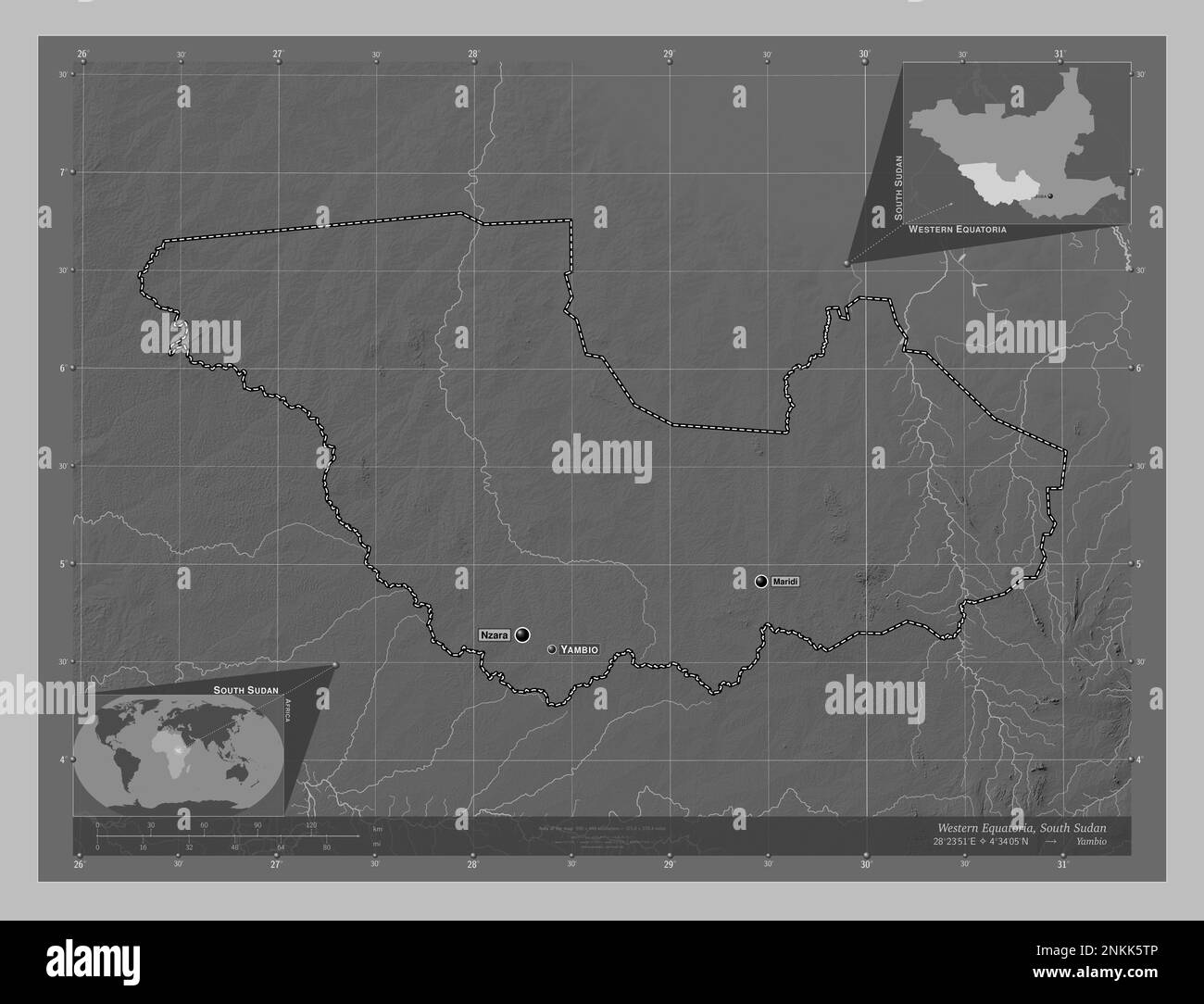 Western Equatoria, state of South Sudan. Grayscale elevation map with lakes and rivers. Locations and names of major cities of the region. Corner auxi Stock Photo