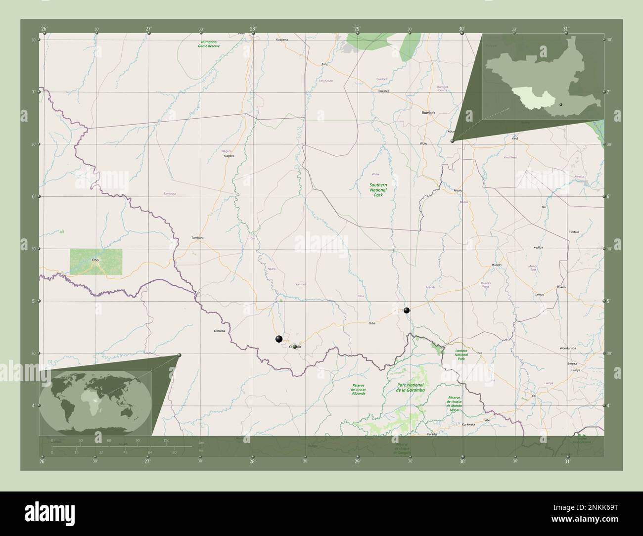 Western Equatoria, state of South Sudan. Open Street Map. Locations of major cities of the region. Corner auxiliary location maps Stock Photo