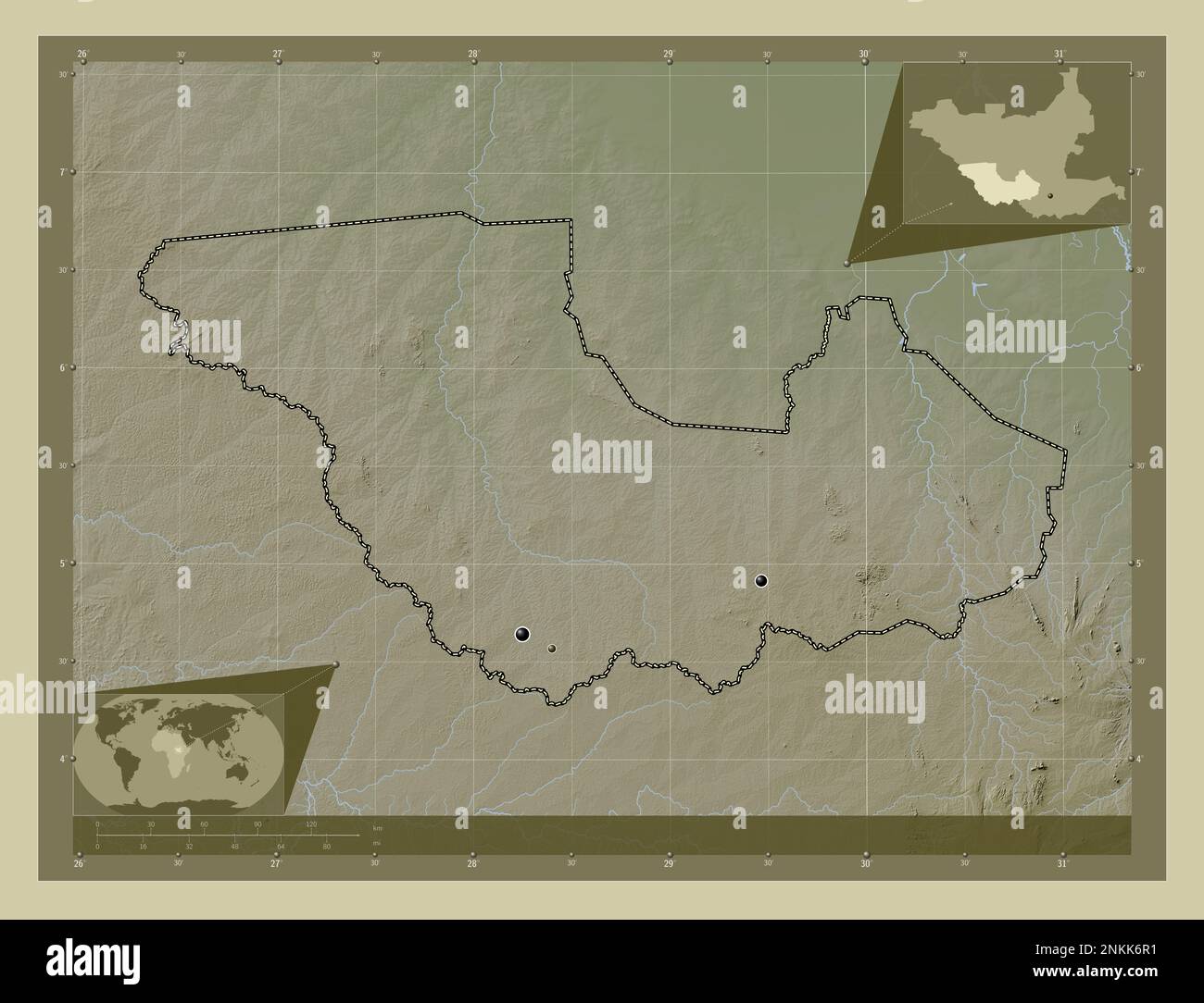 Western Equatoria, state of South Sudan. Elevation map colored in wiki style with lakes and rivers. Locations of major cities of the region. Corner au Stock Photo