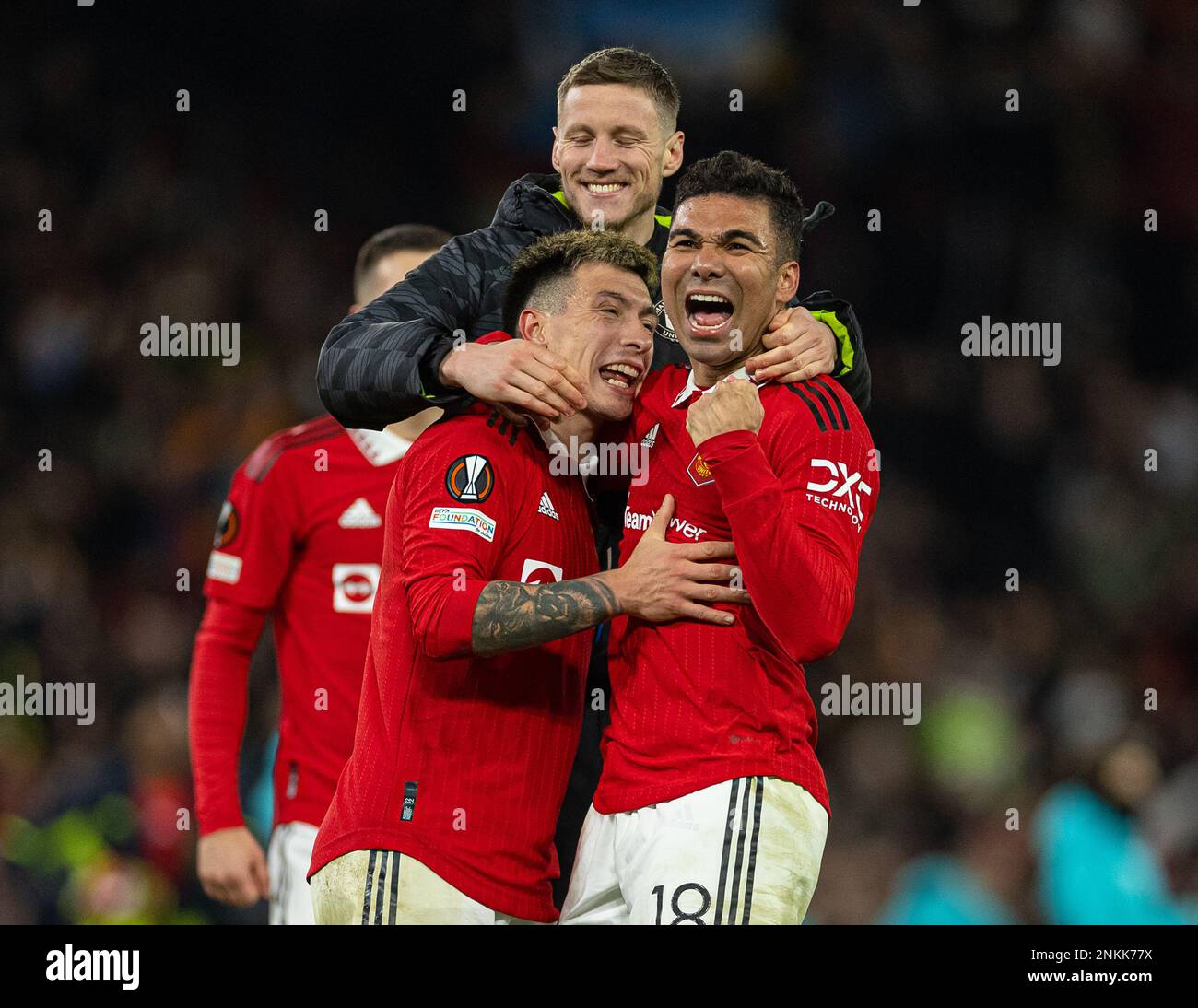 Manchester, UK. 24th Feb, 2023. Manchester United's players celebrate at the final whistle of the UEFA Europa League play-off 2nd leg match between Manchester United and Barcelona in Manchester, Britain, Feb. 23, 2023. Credit: Xinhua/Alamy Live News Stock Photo