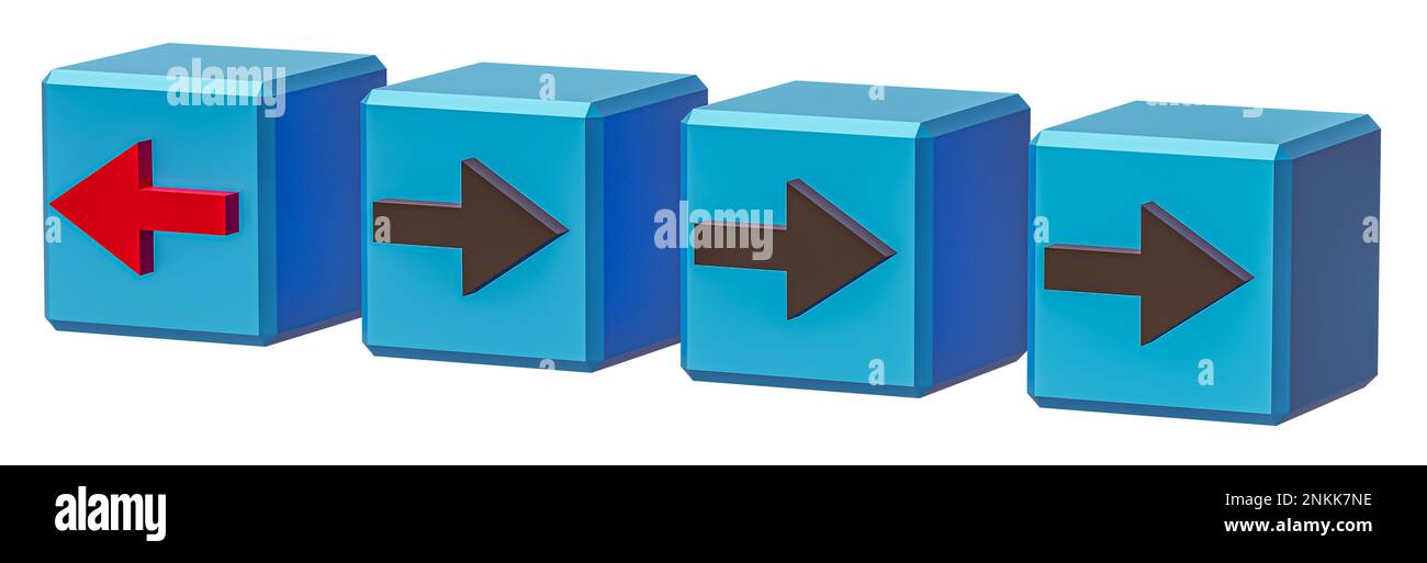 Concept of individuality. Cubes with arrows. One cube with a red arrow, the others with a black arrow isolated Stock Photo