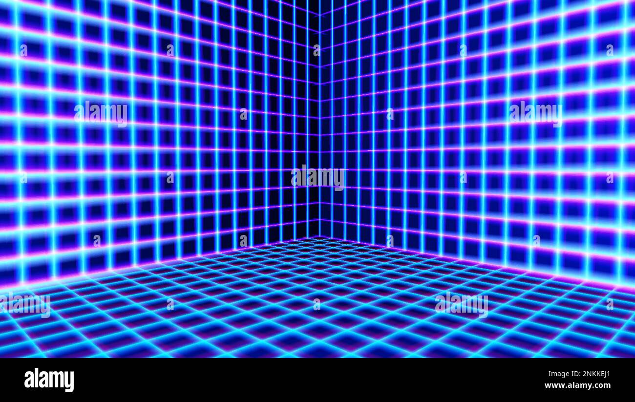 Neon room corner with 80s styled laser grid in synthwave style. 3D