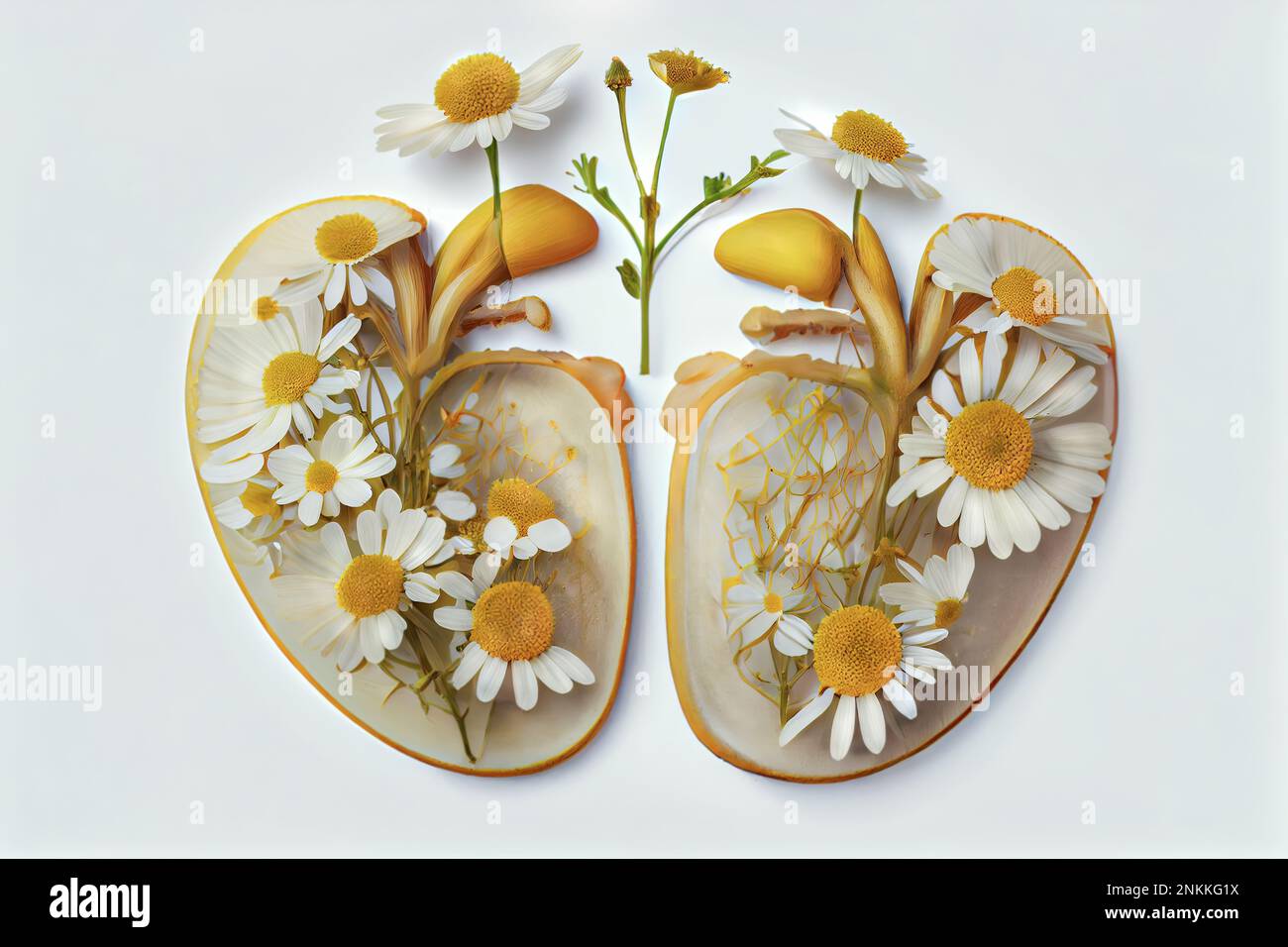 human kidneys made from daisies, set against a white background