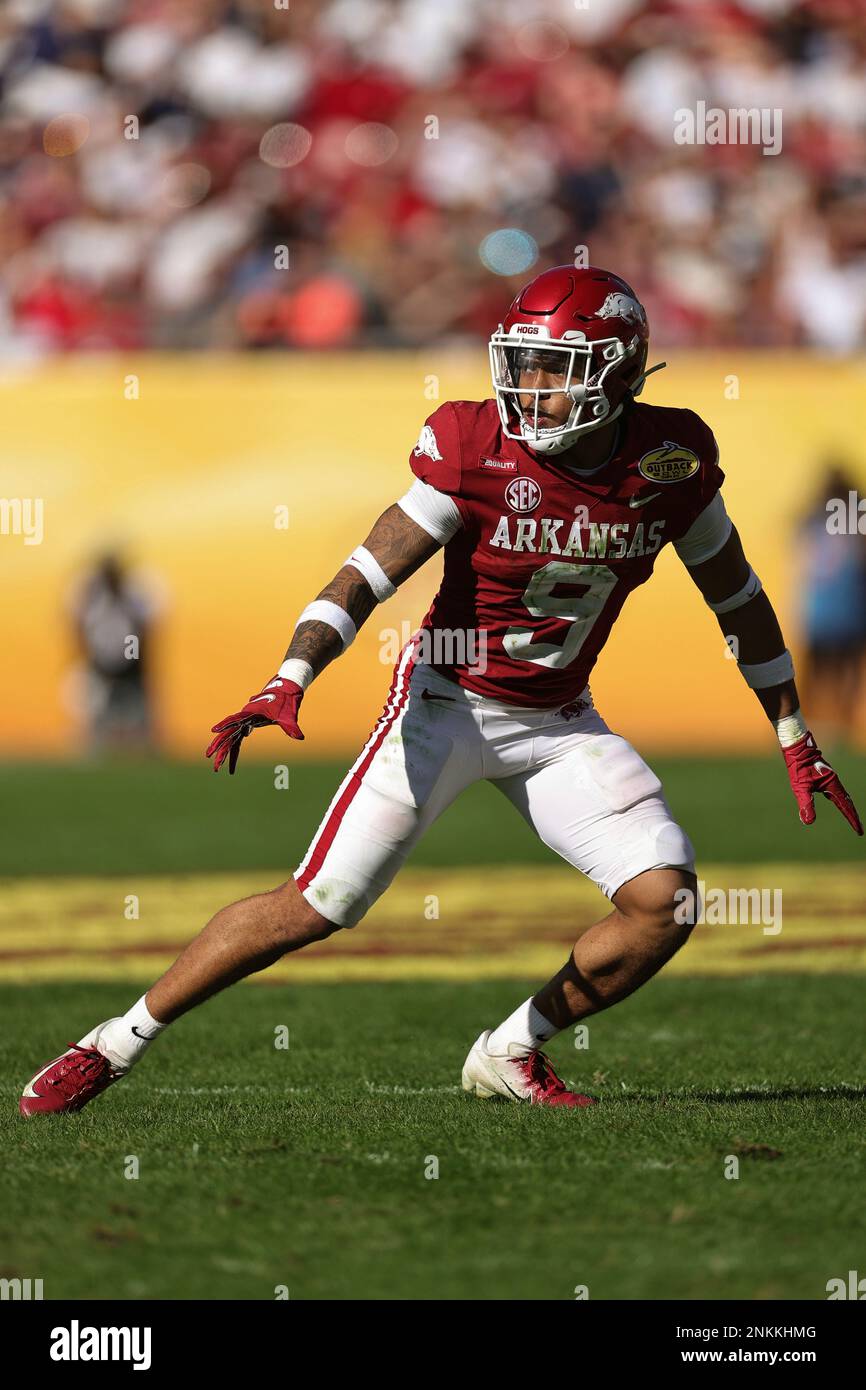 Arkansas defensive back Greg Brooks Jr. (9) takes a defensive position