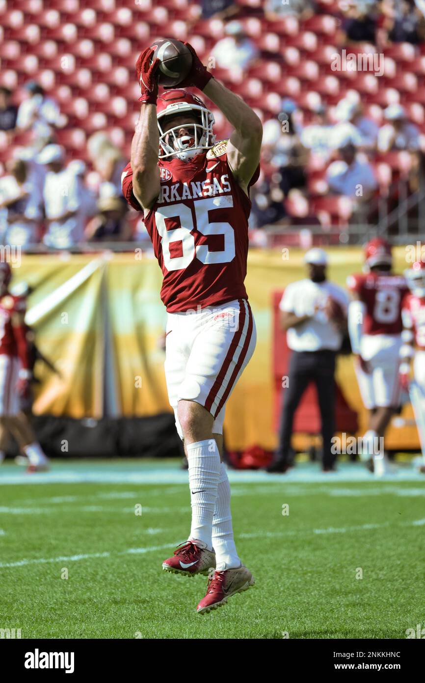 Arkansas wide receiver Harper Cole (85) catches a pass during warmups