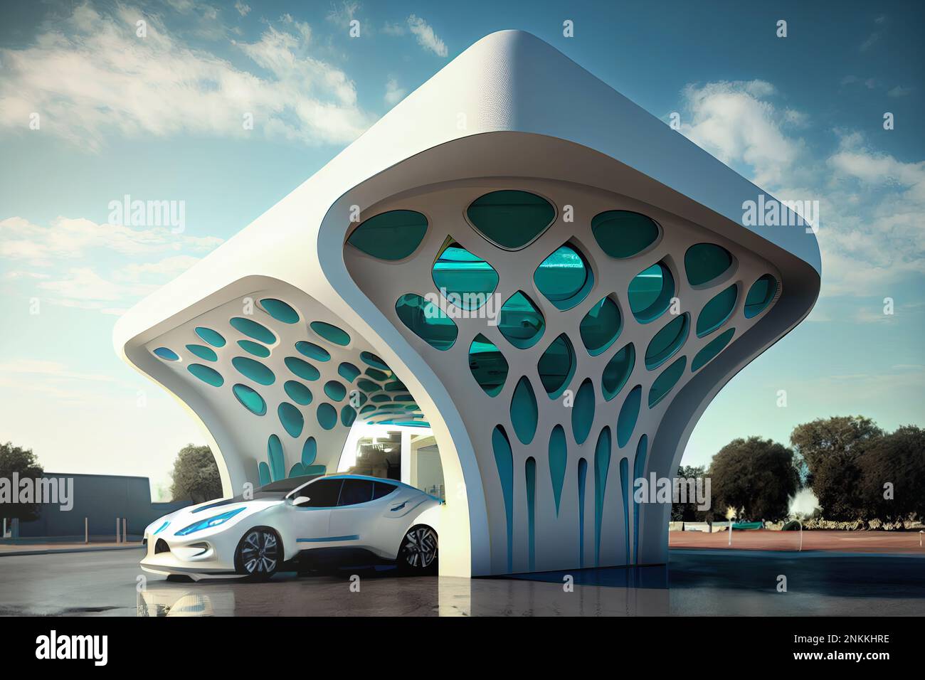 electric supercar at gas station, aerodynamic lines symbol of advanced