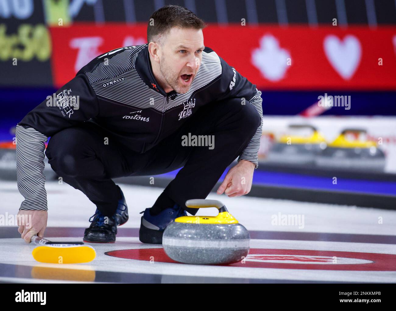 Team Wild Card One skip Brad Gushue directs his teammates while playing Team Manitoba at the Tim Hortons Brier curling event in Lethbridge, Alberta, Tuesday, March 8, 2022