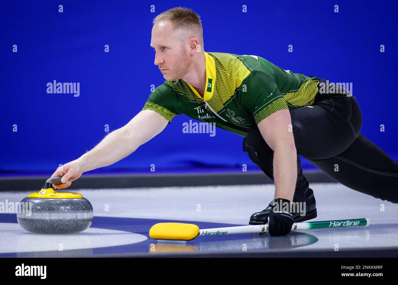 Team Northern Ontario skip Brad Jacobs makes a shot while playing Team