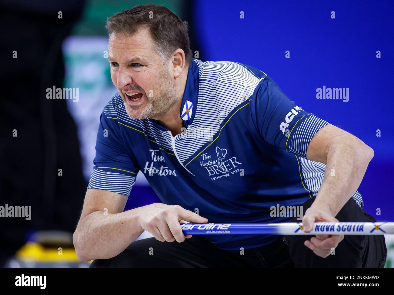 Team Nova Scotia skip Paul Flemming directs his teammates while playing Team British Columbia at the Tim Hortons Brier curling event in Lethbridge, Alberta, Tuesday, March 8, 2022