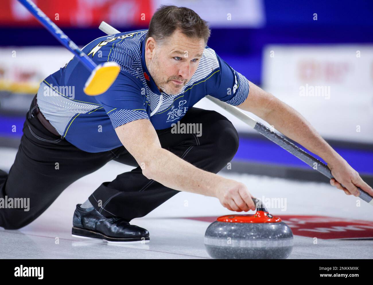 Team Nova Scotia skip Paul Flemming makes a shot while playing Team British Columbia at the Tim Hortons Brier curling event in Lethbridge, Alberta, Tuesday, March 8, 2022