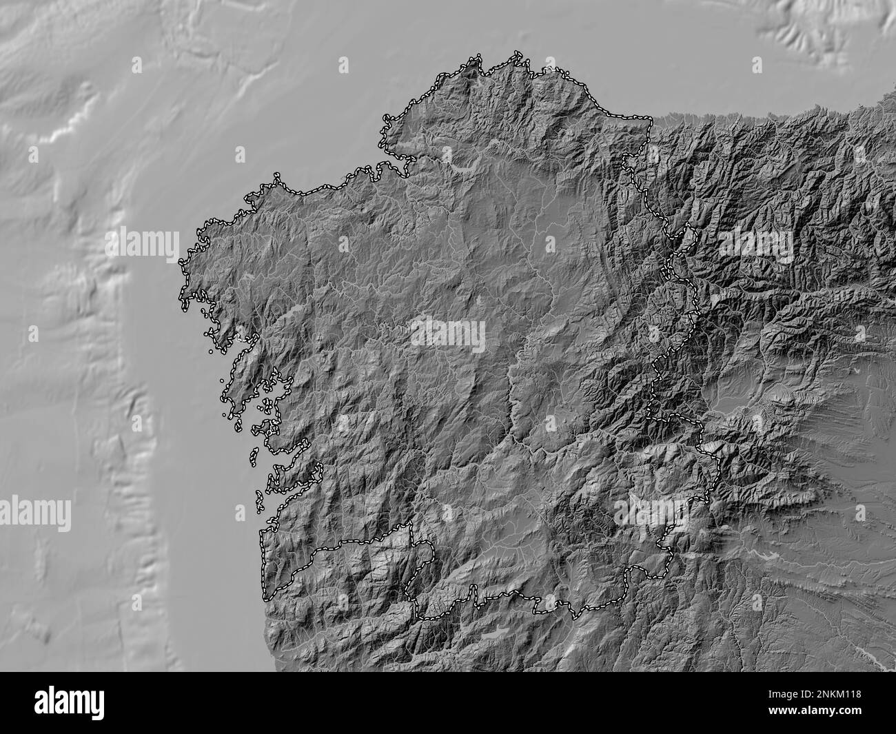 Galicia, autonomous community of Spain. Bilevel elevation map with lakes and rivers Stock Photo