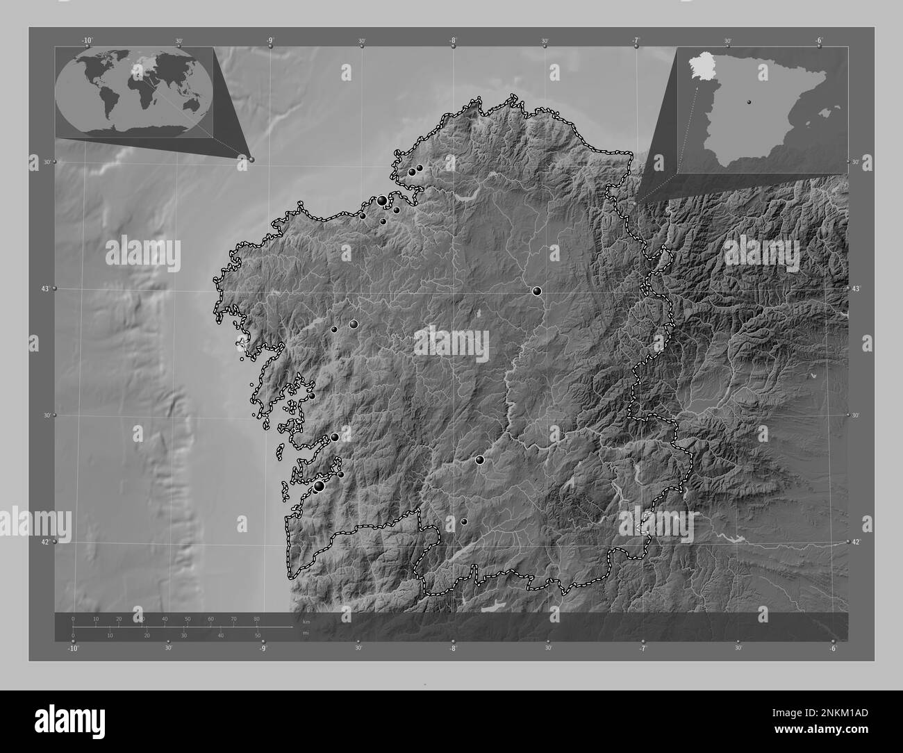 Galicia, autonomous community of Spain. Grayscale elevation map with lakes and rivers. Locations of major cities of the region. Corner auxiliary locat Stock Photo