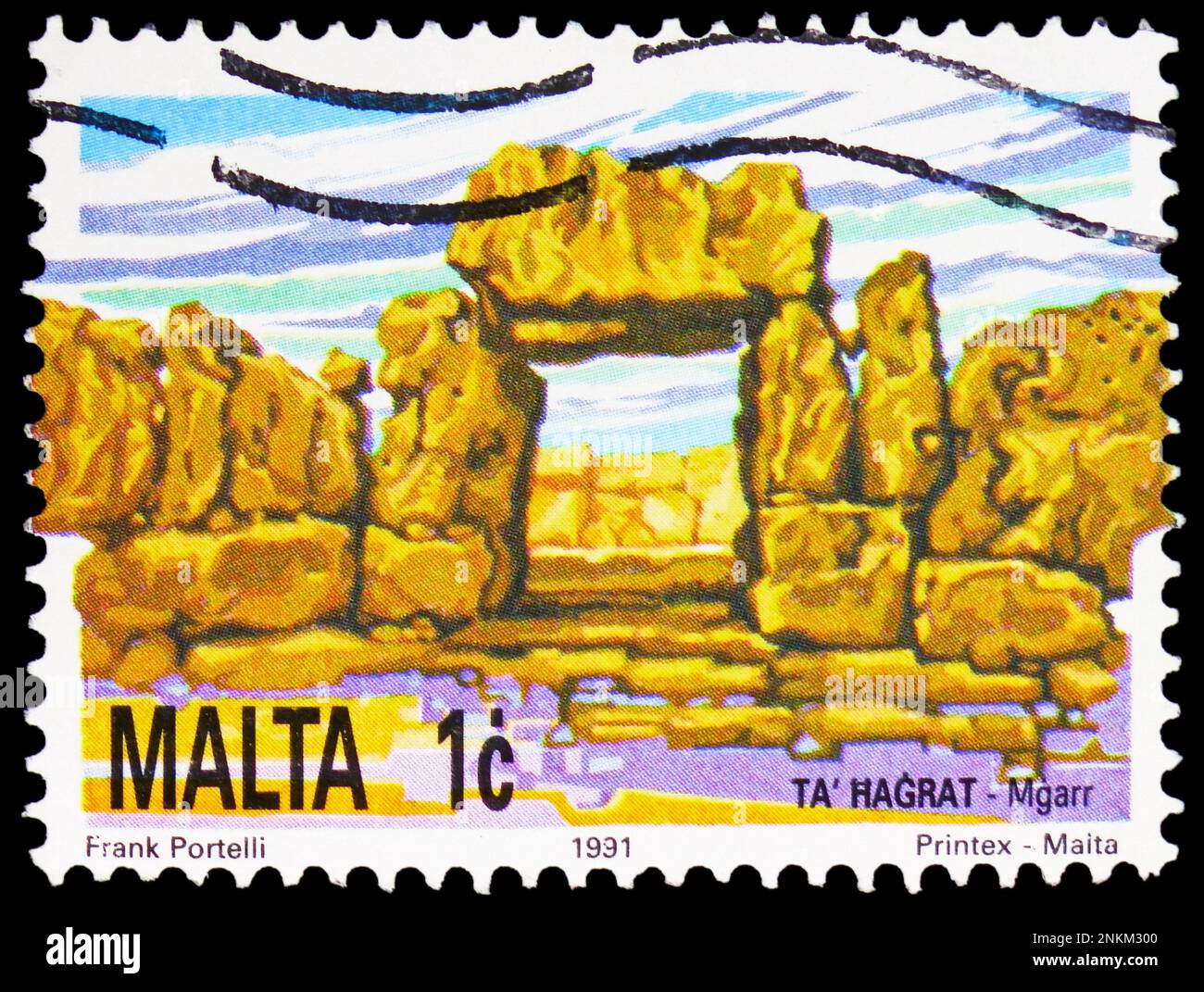 MOSCOW, RUSSIA - FEBRUARY 15, 2023: Postage stamp printed in Malta shows Ta' Ħaġrat Neolithic temple, Definitives 1991: National Heritage of the Malte Stock Photo