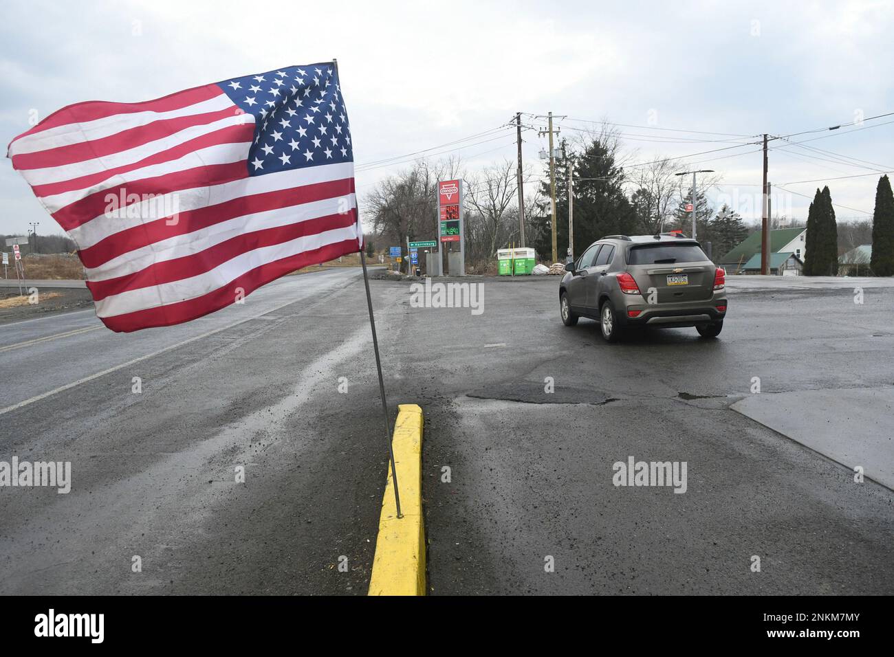 A vehicle exits the Conoco gas station near Mahanoy City, Pa. on Sunday