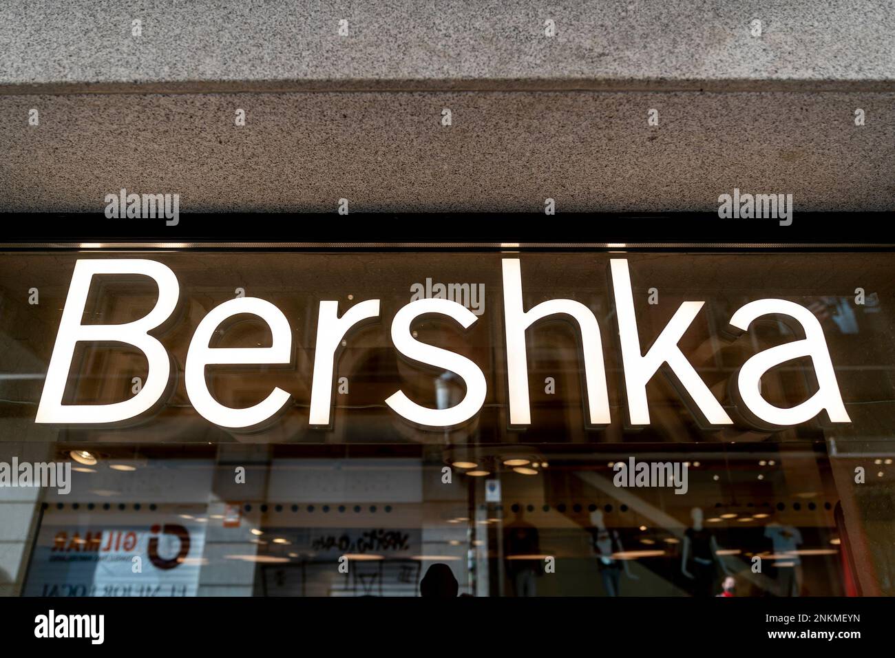 A sign of a Bershka store, part of the Inditex group, on March 5, 2022, in  Madrid (Spain). Inditex announced today that it is temporarily closing its  502 stores in Russia. Other