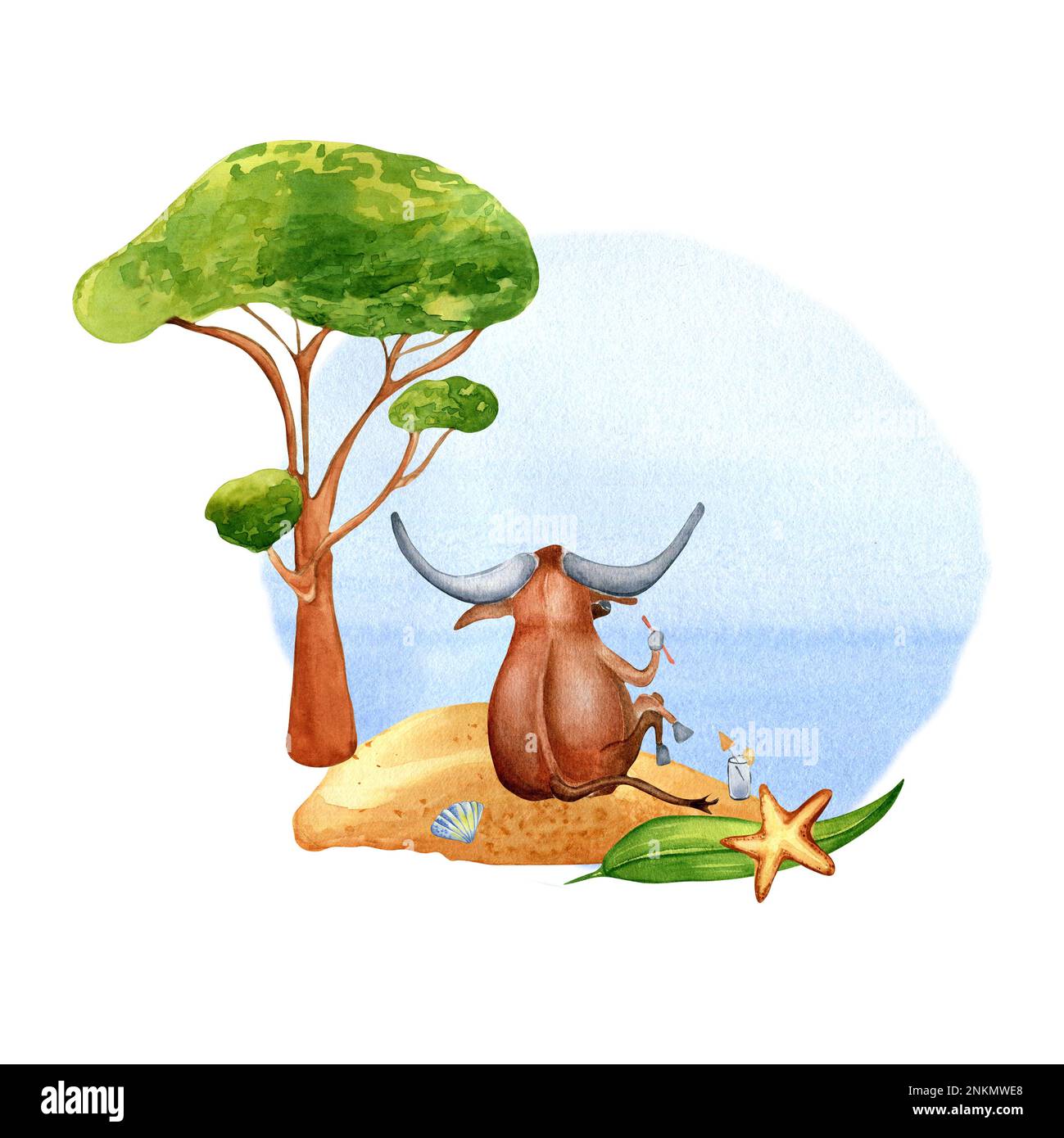 Cartoon buffalo relaxing on the beach watercolor illustration isolated on white. Summer activity sportive, seacoast, seascape hand drawn. Design eleme Stock Photo