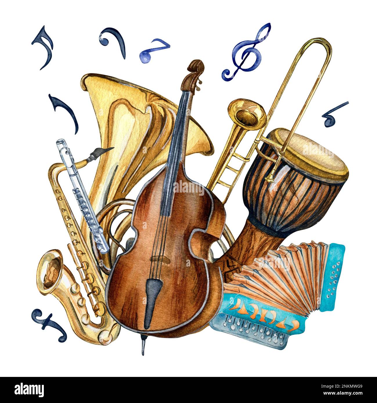 Composition of variouse musical instruments and symbol watercolor