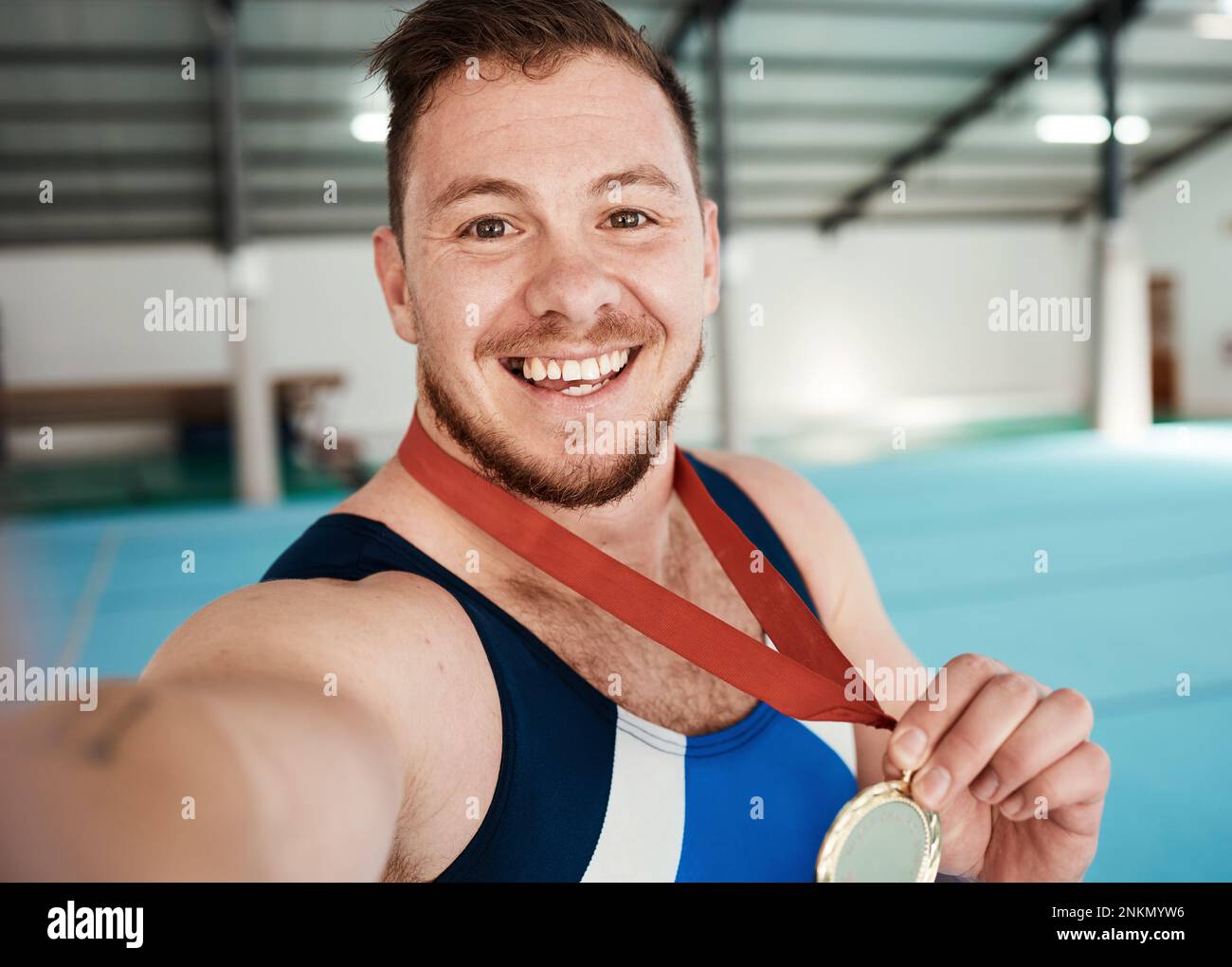 Gymnastics, fitness and male athlete taking a selfie after winning a