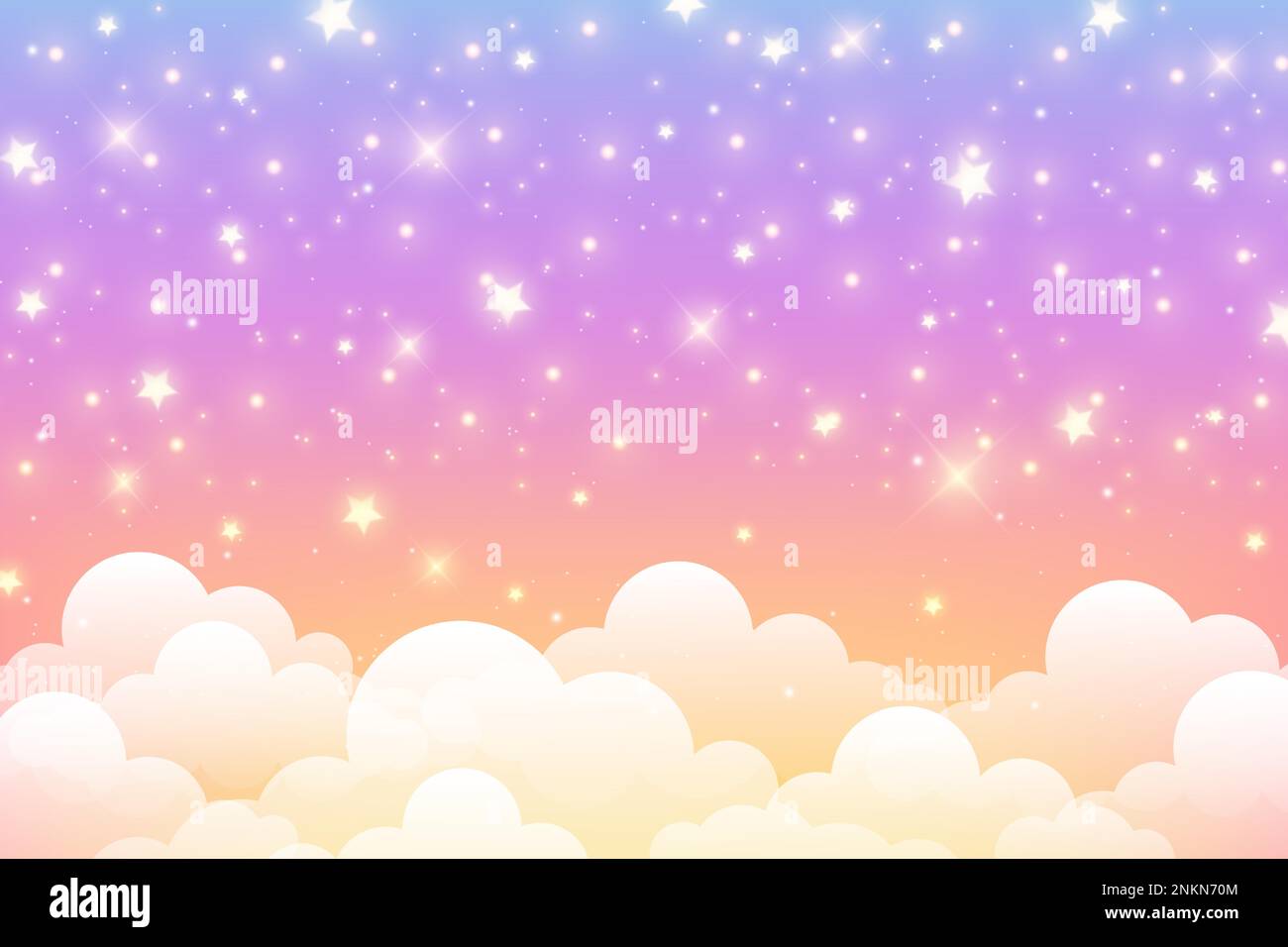 Cloudy sky background. Unicorn fantasy pastel galaxy. Rainbow cute wallpaper. Fluffy magic pink landscape. Vector illustration Stock Vector